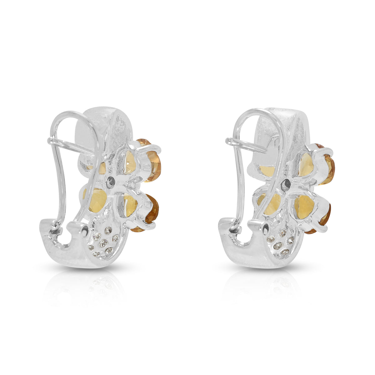 Radiant 2.40ct Citrine and 0.34ct Natural Diamond Flower Hoop Earrings in 18K White Gold