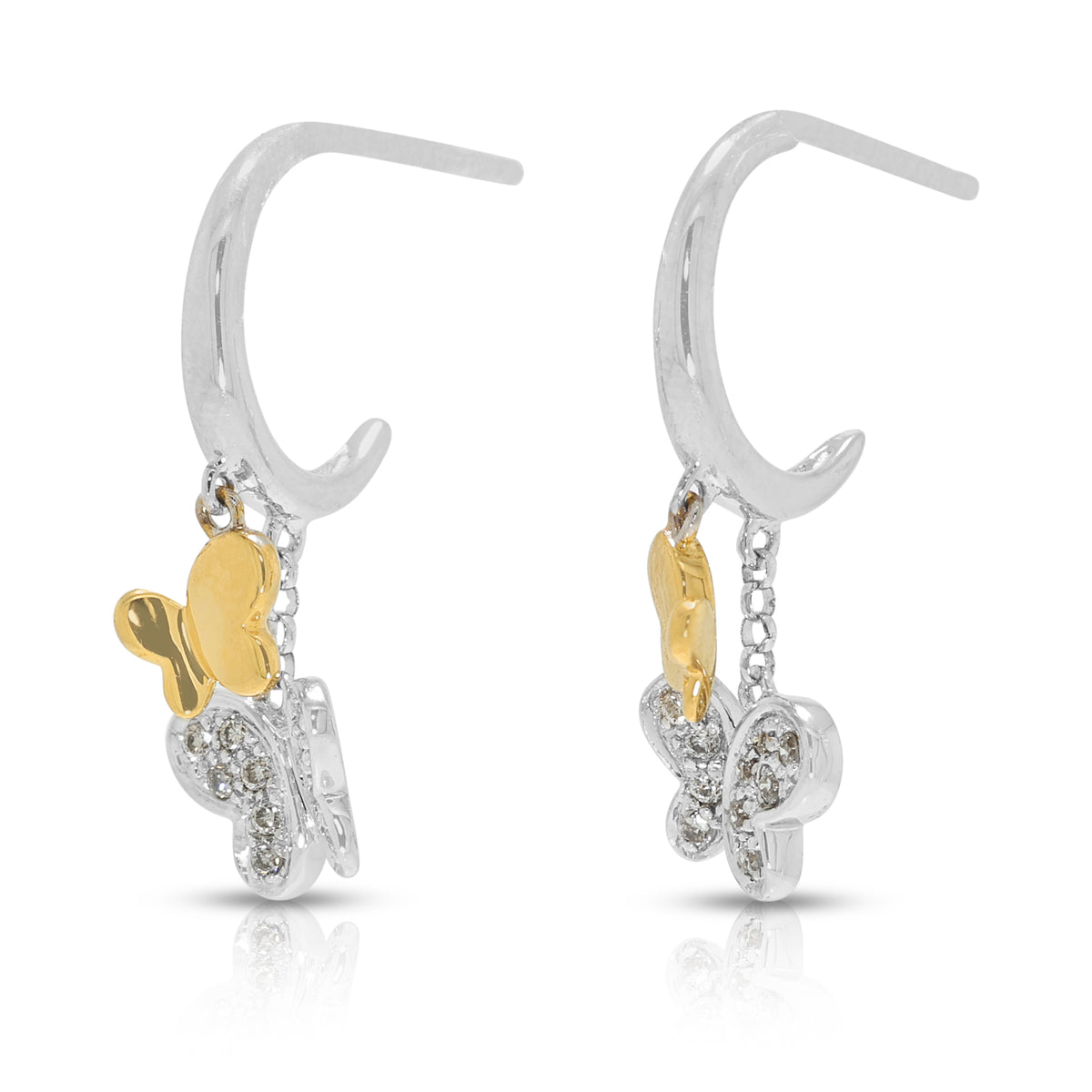 Enchanting 0.10ct Natural Diamond Butterfly Dangling Earrings in 18K White and Yellow Gold