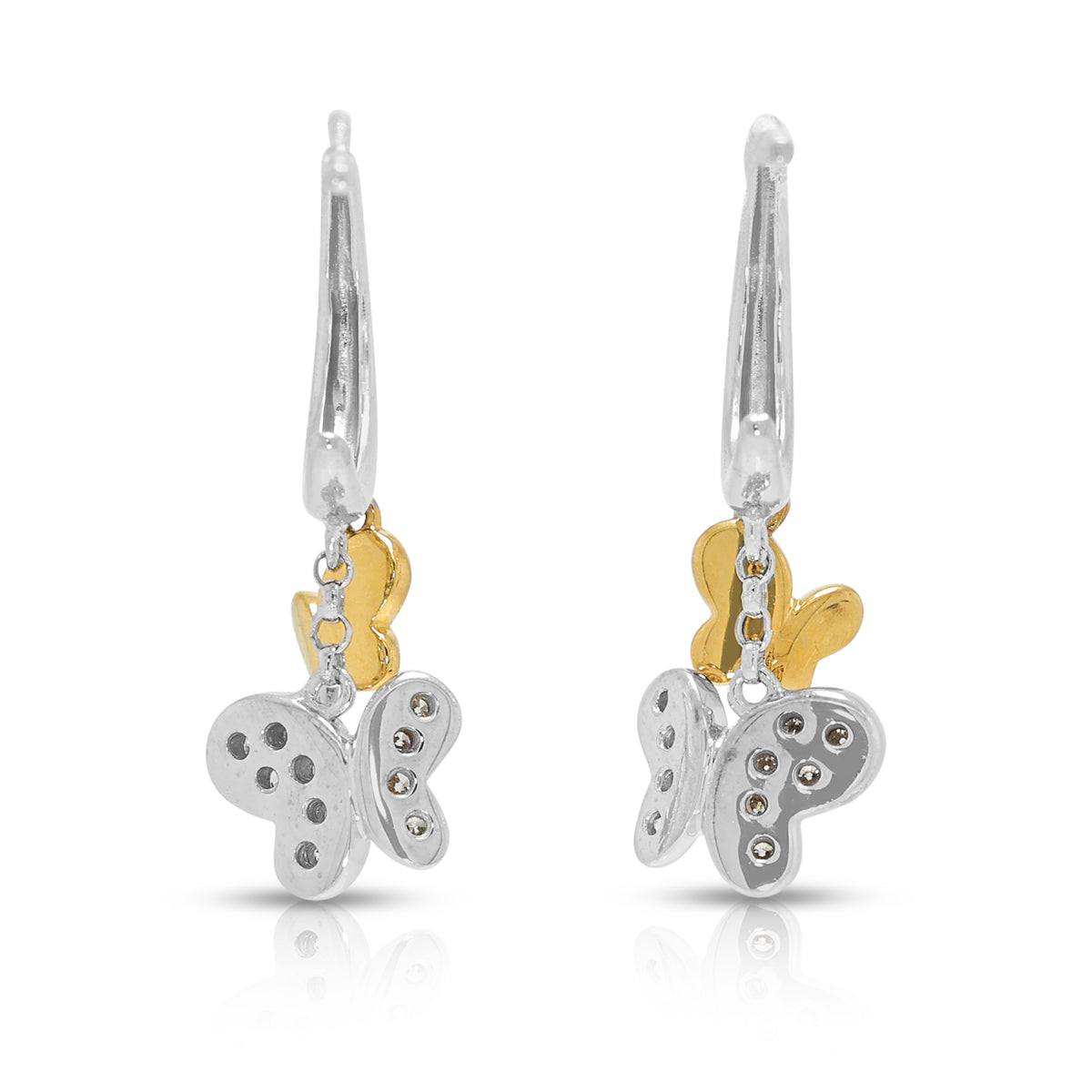 Enchanting 0.10ct Natural Diamond Butterfly Dangling Earrings in 18K White and Yellow Gold
