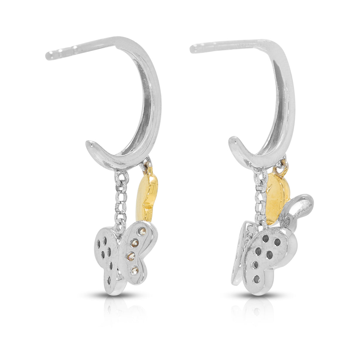 Enchanting 0.10ct Natural Diamond Butterfly Dangling Earrings in 18K White and Yellow Gold