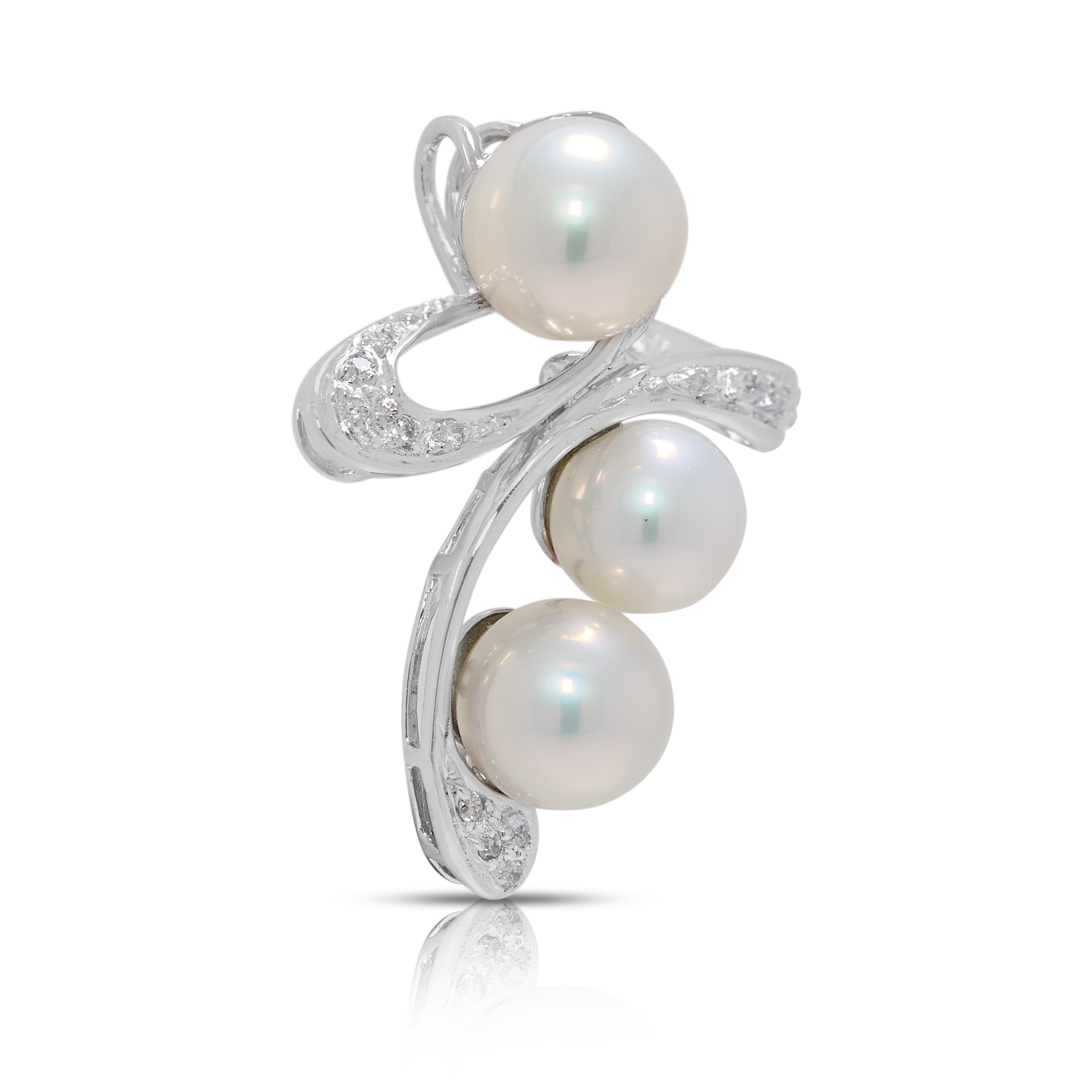 Delicate 3pcs Akoya Pearl & 0.04ct Natural Diamond Pendant in 18K White Gold