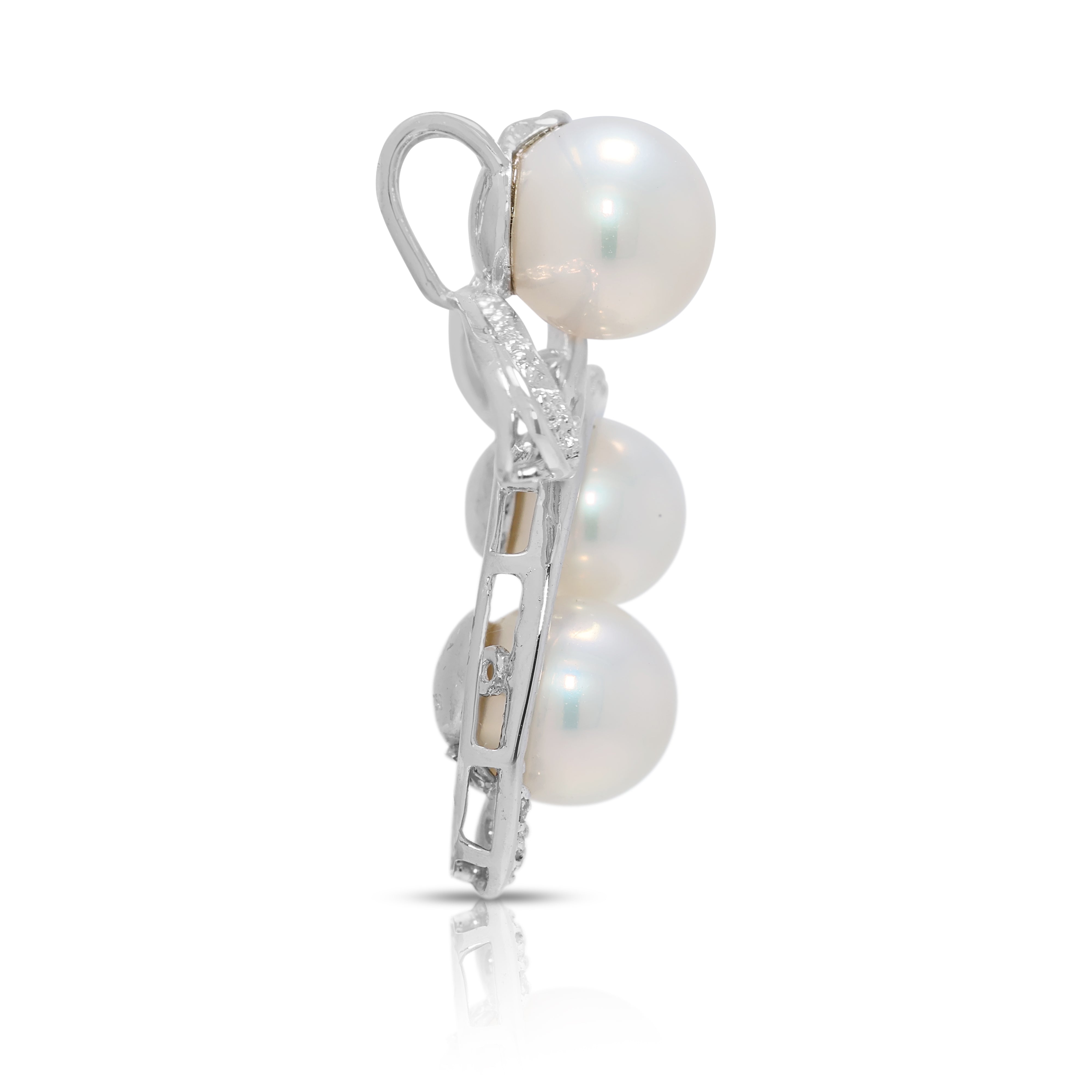 Delicate 3pcs Akoya Pearl & 0.04ct Natural Diamond Pendant in 18K White Gold