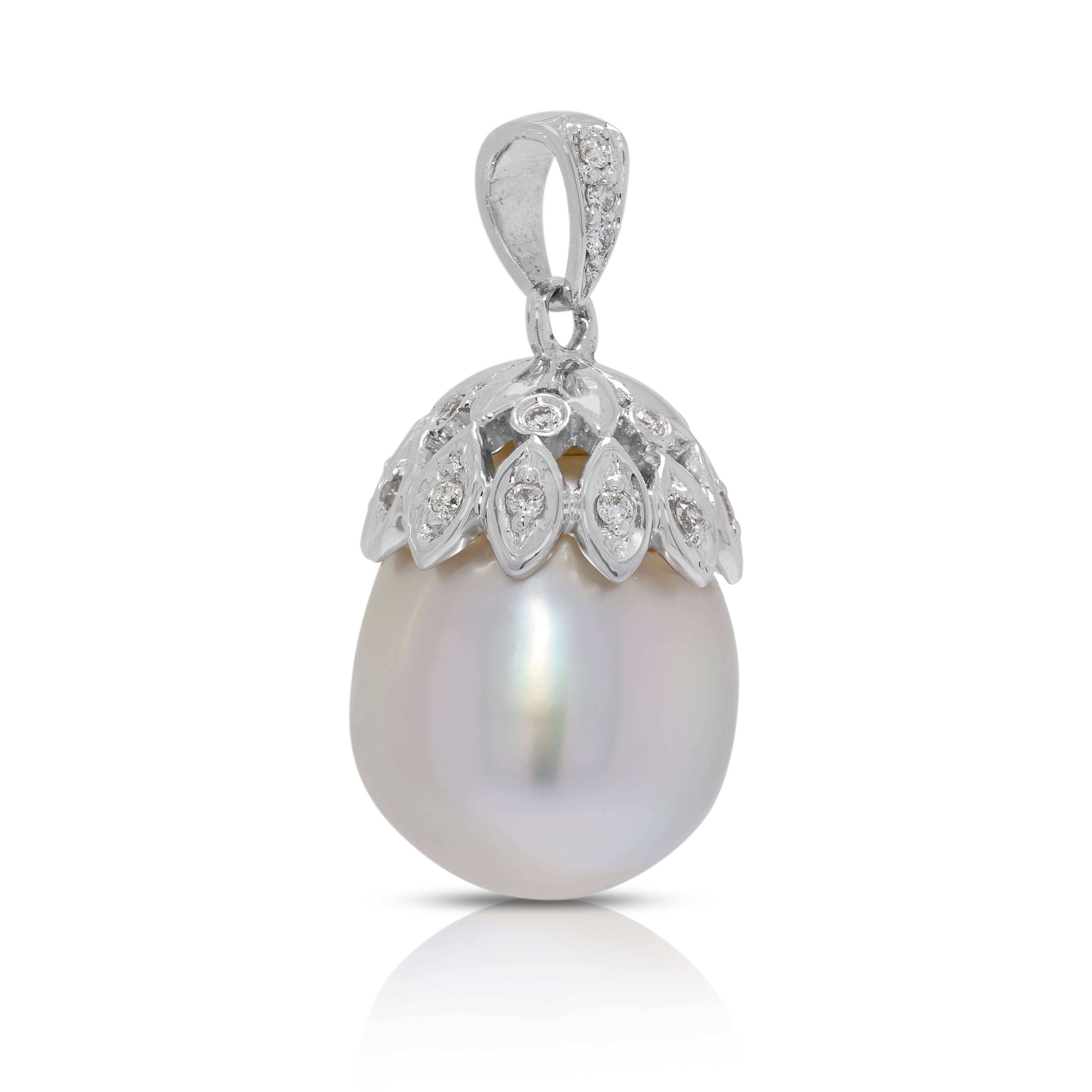 Sophisticated 12.1mm South Sea Pearl & 0.04ct Natural Diamond Pendant in 18K White Gold