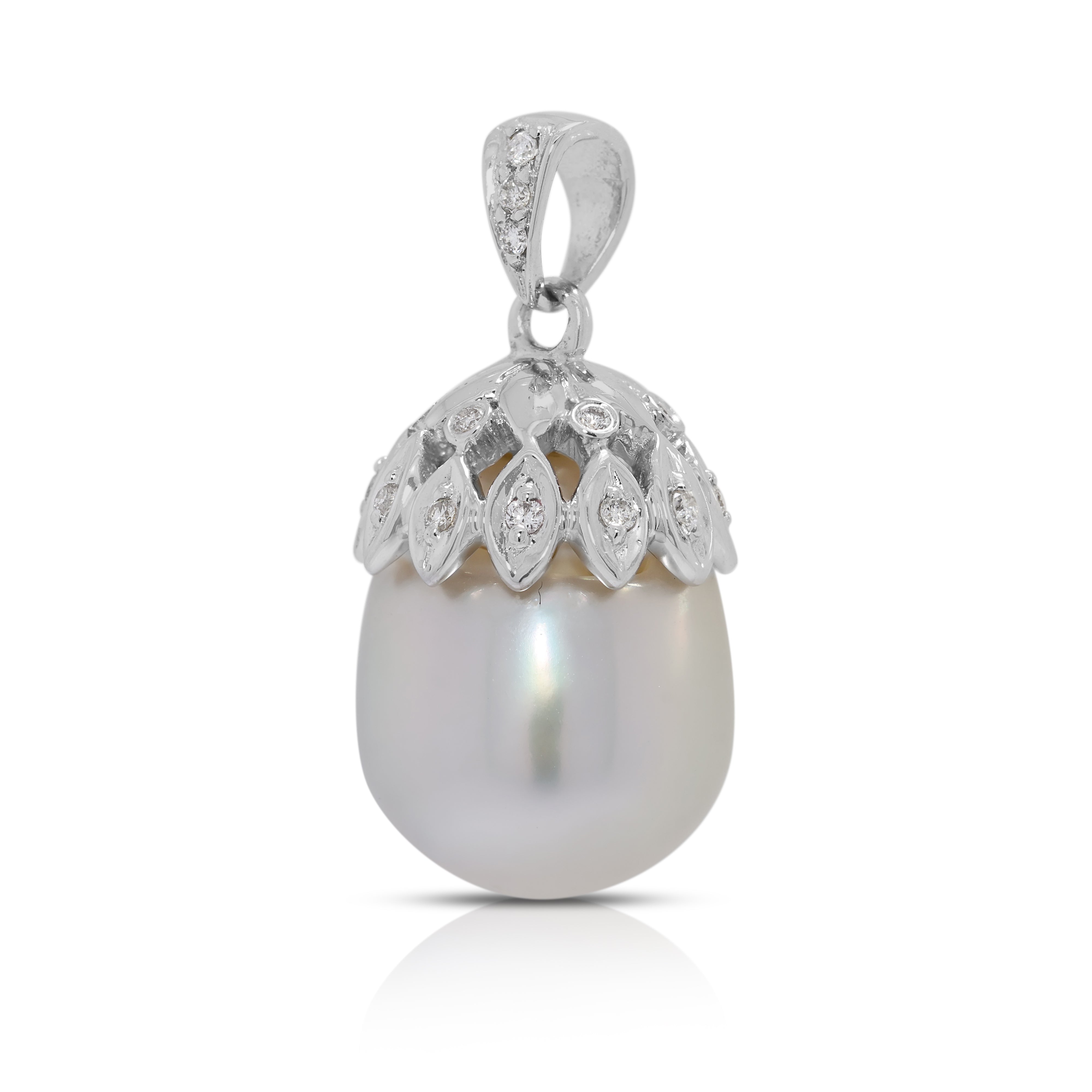 Sophisticated 12.1mm South Sea Pearl & 0.04ct Natural Diamond Pendant in 18K White Gold