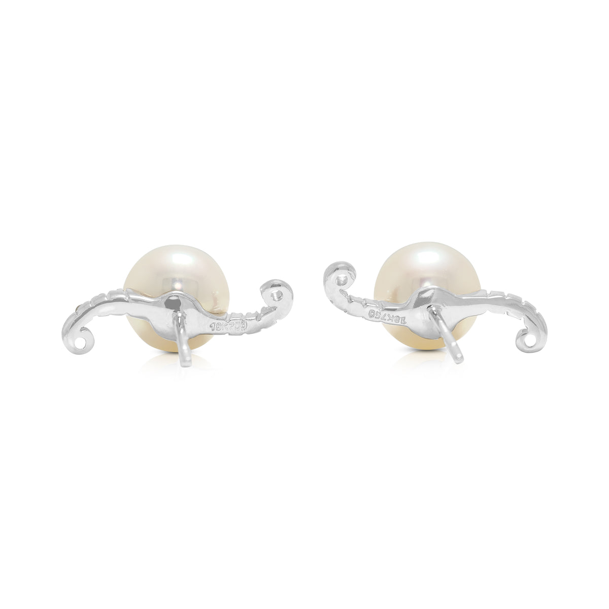 Ethereal 7-7.5mm Pink Akoya Pearl and 0.09ct Natural Diamond Crescent Wave Studs in 18K White Gold