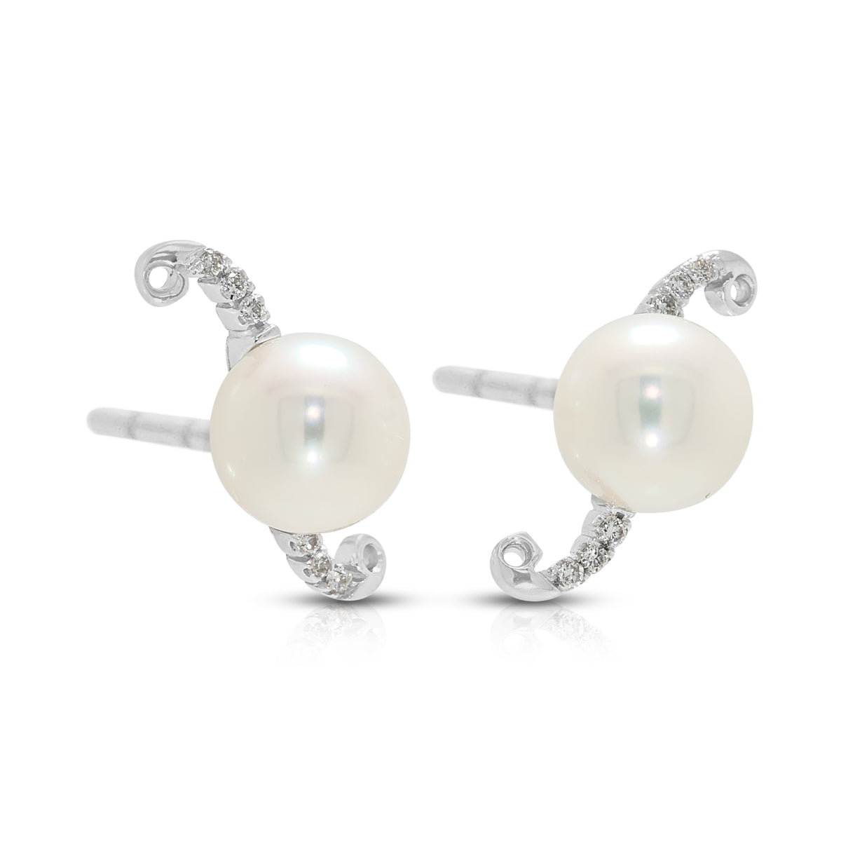 Ethereal 7-7.5mm Pink Akoya Pearl and 0.09ct Natural Diamond Crescent Wave Studs in 18K White Gold