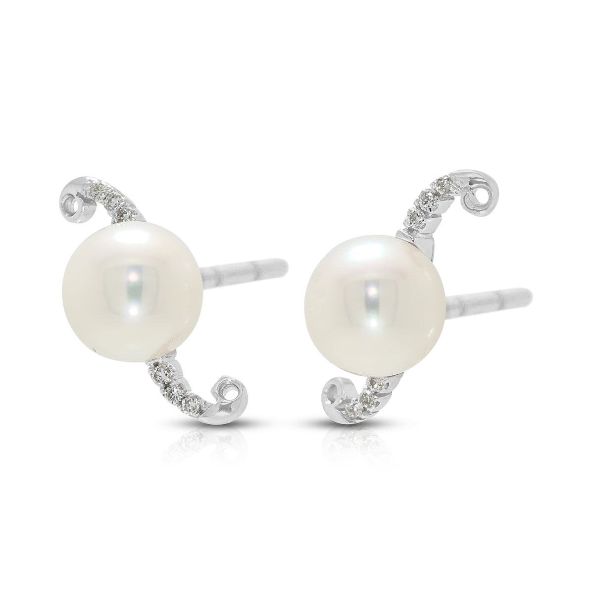 Ethereal 7-7.5mm Pink Akoya Pearl and 0.09ct Natural Diamond Crescent Wave Studs in 18K White Gold