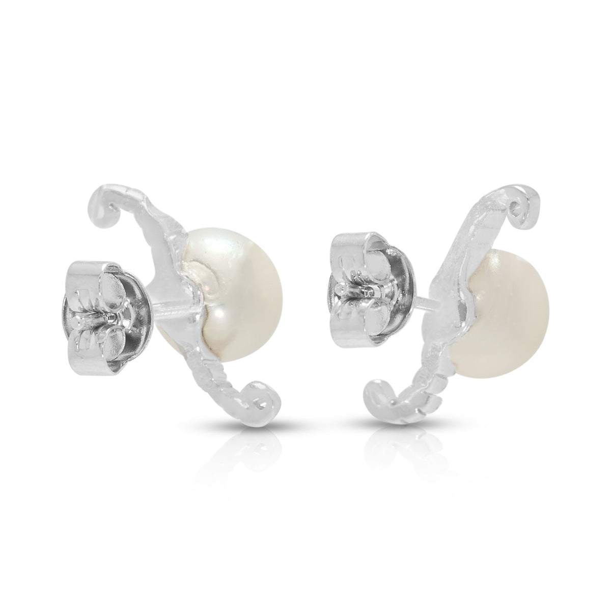 Ethereal 7-7.5mm Pink Akoya Pearl and 0.09ct Natural Diamond Crescent Wave Studs in 18K White Gold