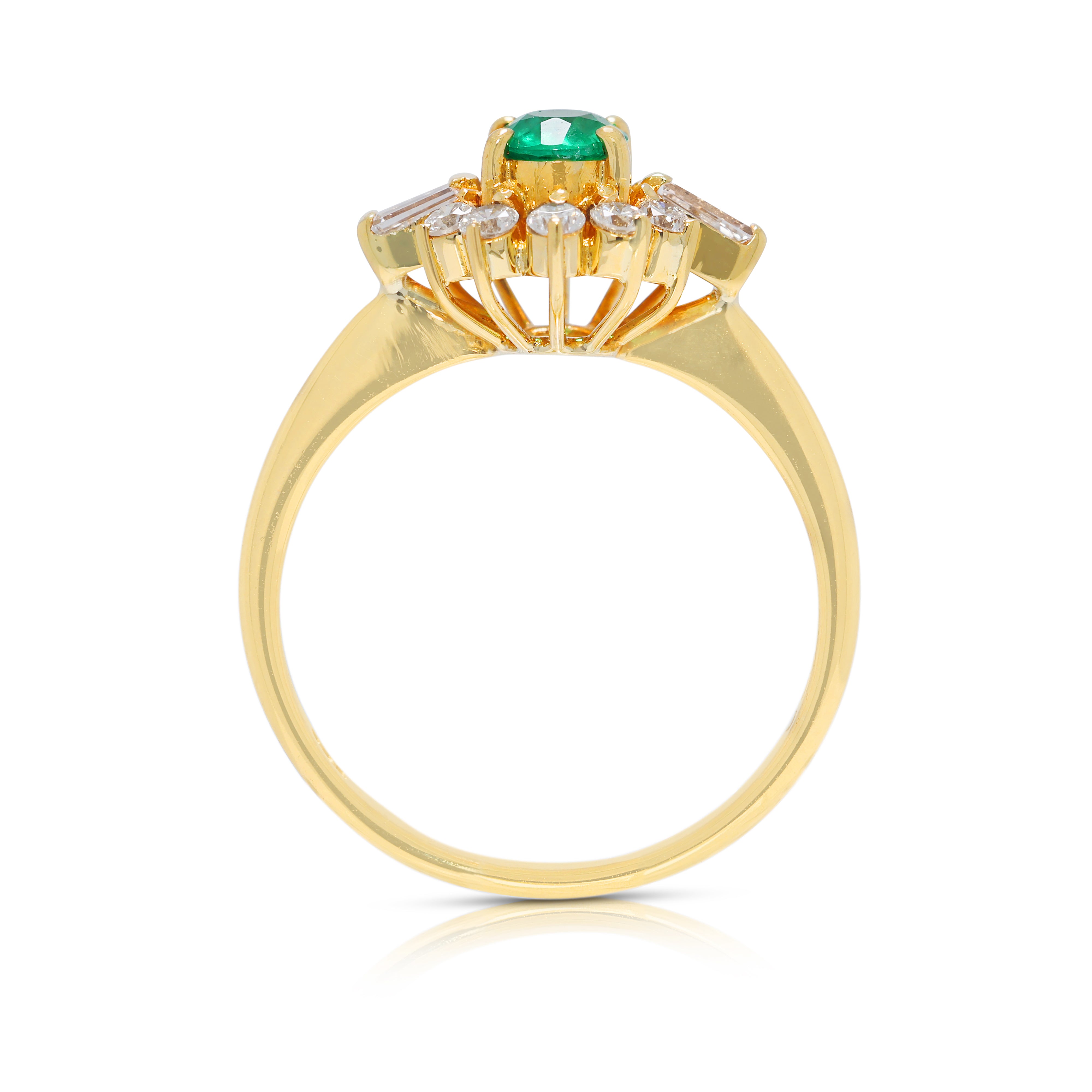 Radiant 0.48ct Emerald & Natural Diamond Halo Ring in 18K Yellow Gold
