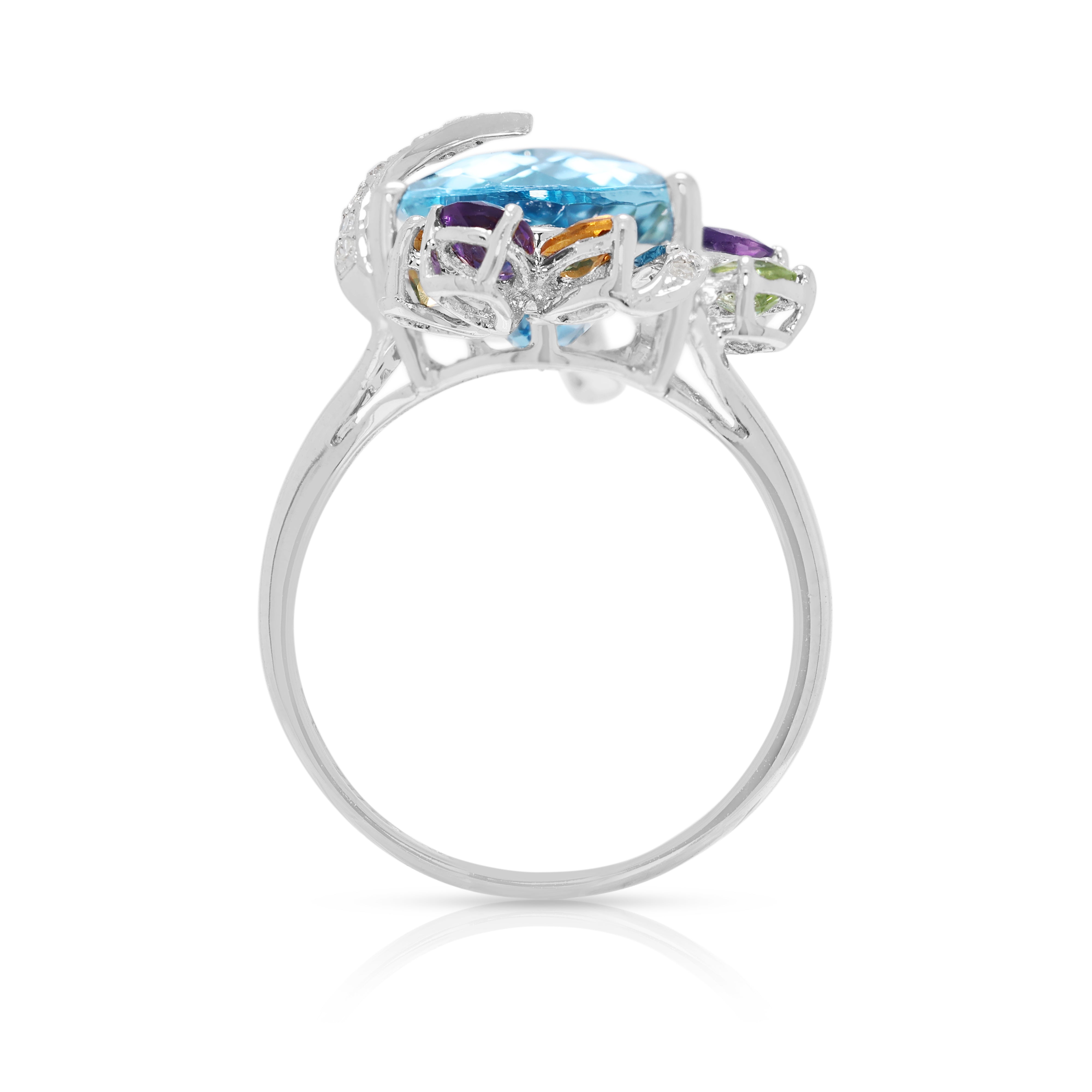 Majestic 8.72ct Blue Topaz & Multi-Gem with Natural Diamond Cocktail Ring in 18K White Gold