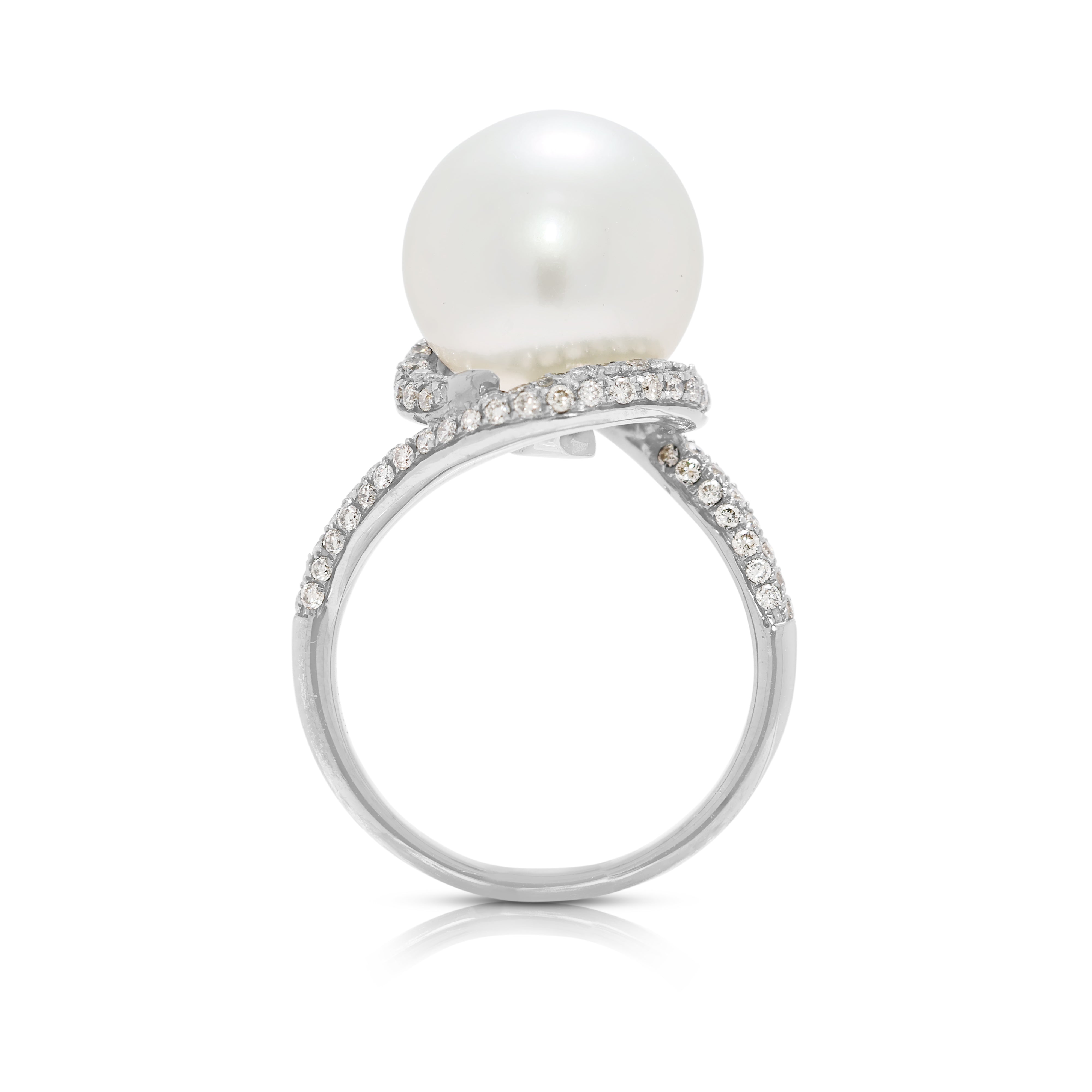 Elegant 0.50ct Natural Diamond & 12mm South Sea Pearl Swirl Ring in 18K White Gold