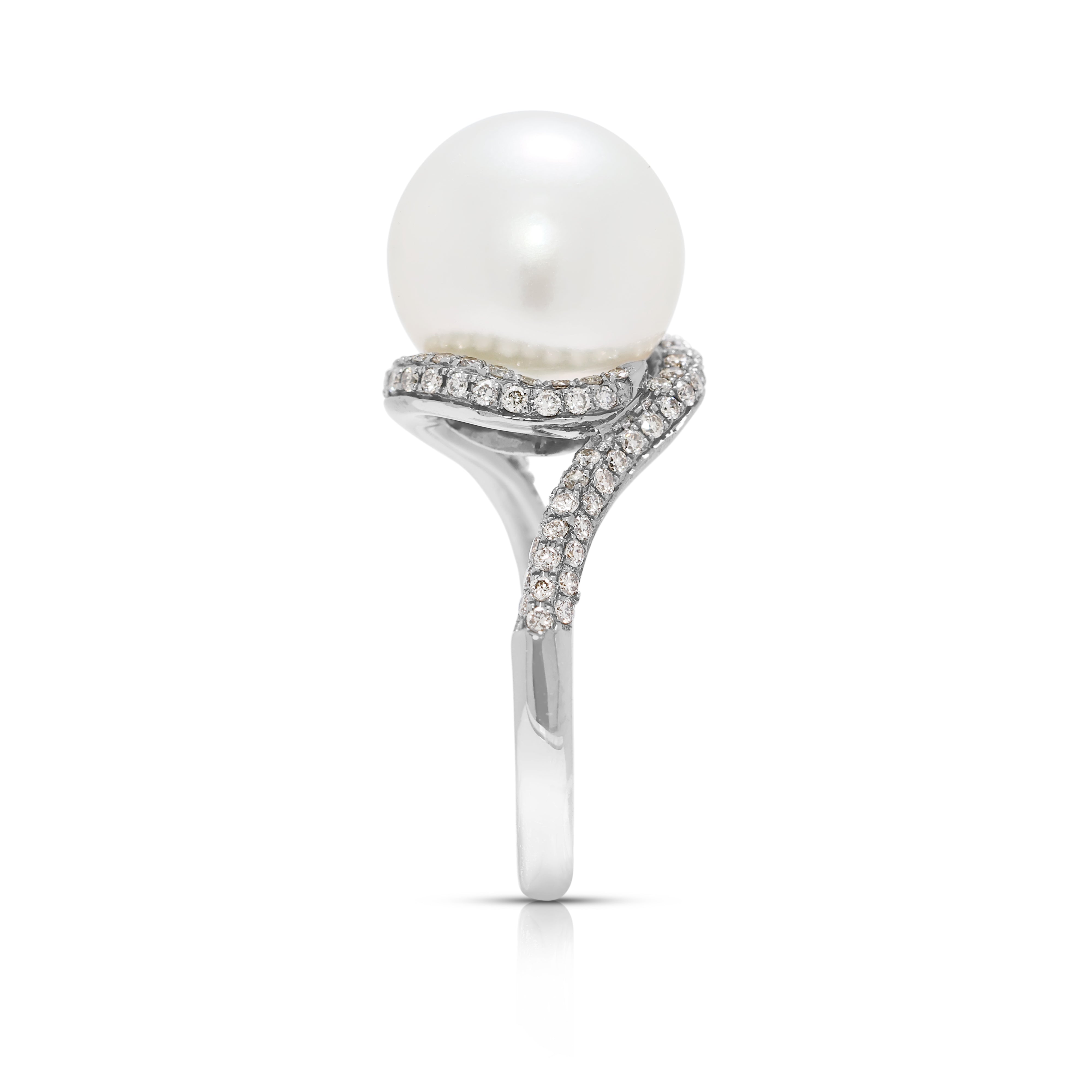 Elegant 0.50ct Natural Diamond & 12mm South Sea Pearl Swirl Ring in 18K White Gold