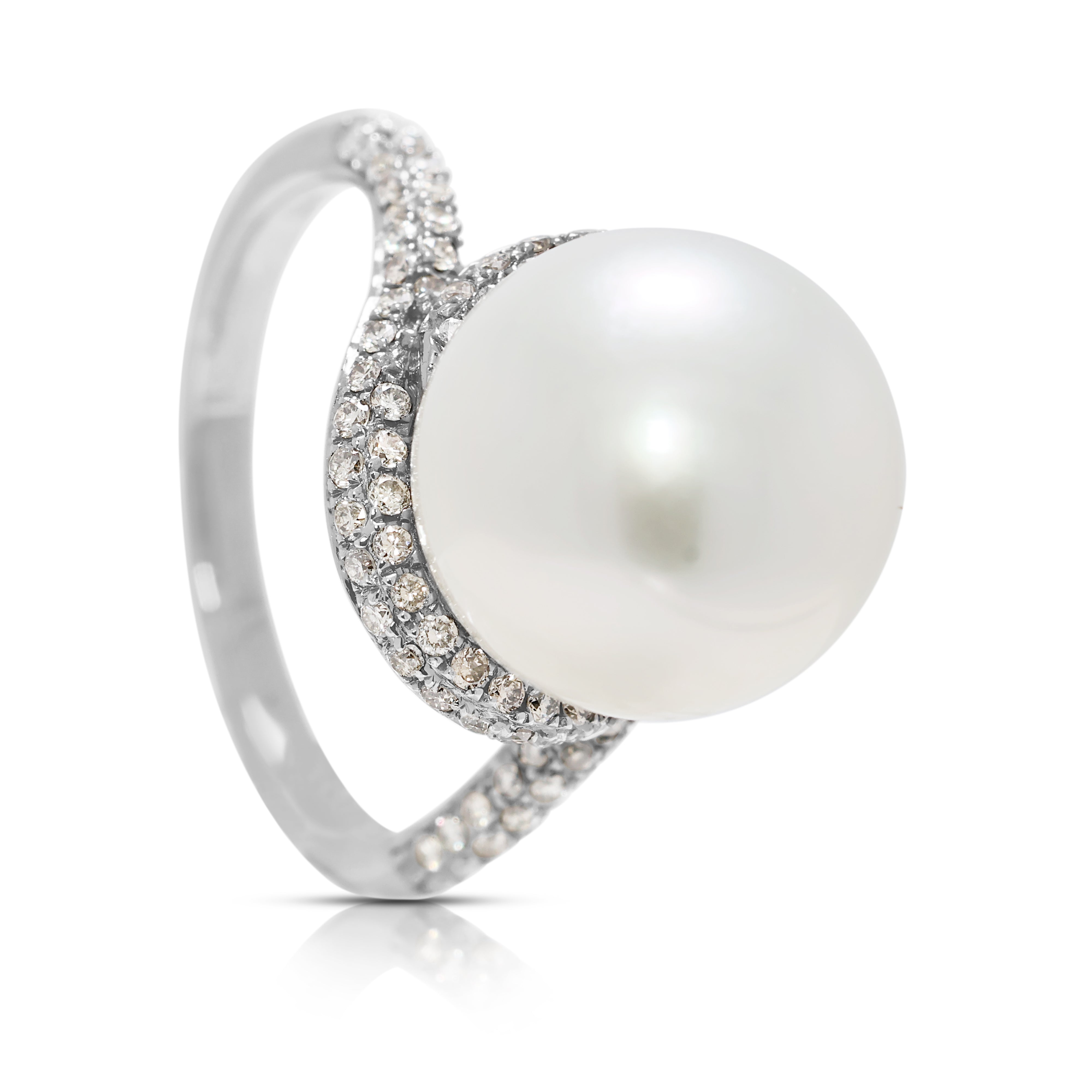 Elegant 0.50ct Natural Diamond & 12mm South Sea Pearl Swirl Ring in 18K White Gold