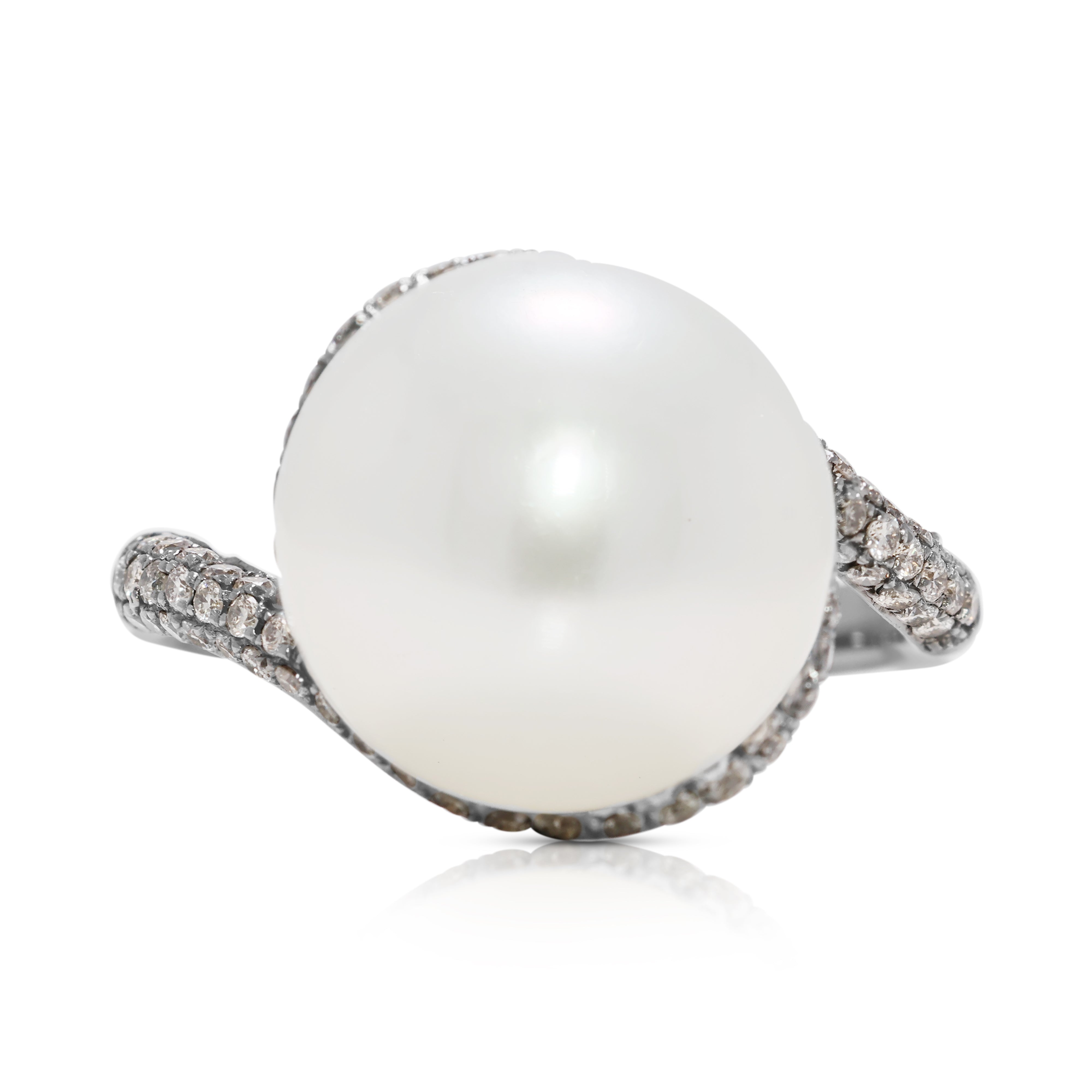 Elegant 0.50ct Natural Diamond & 12mm South Sea Pearl Swirl Ring in 18K White Gold