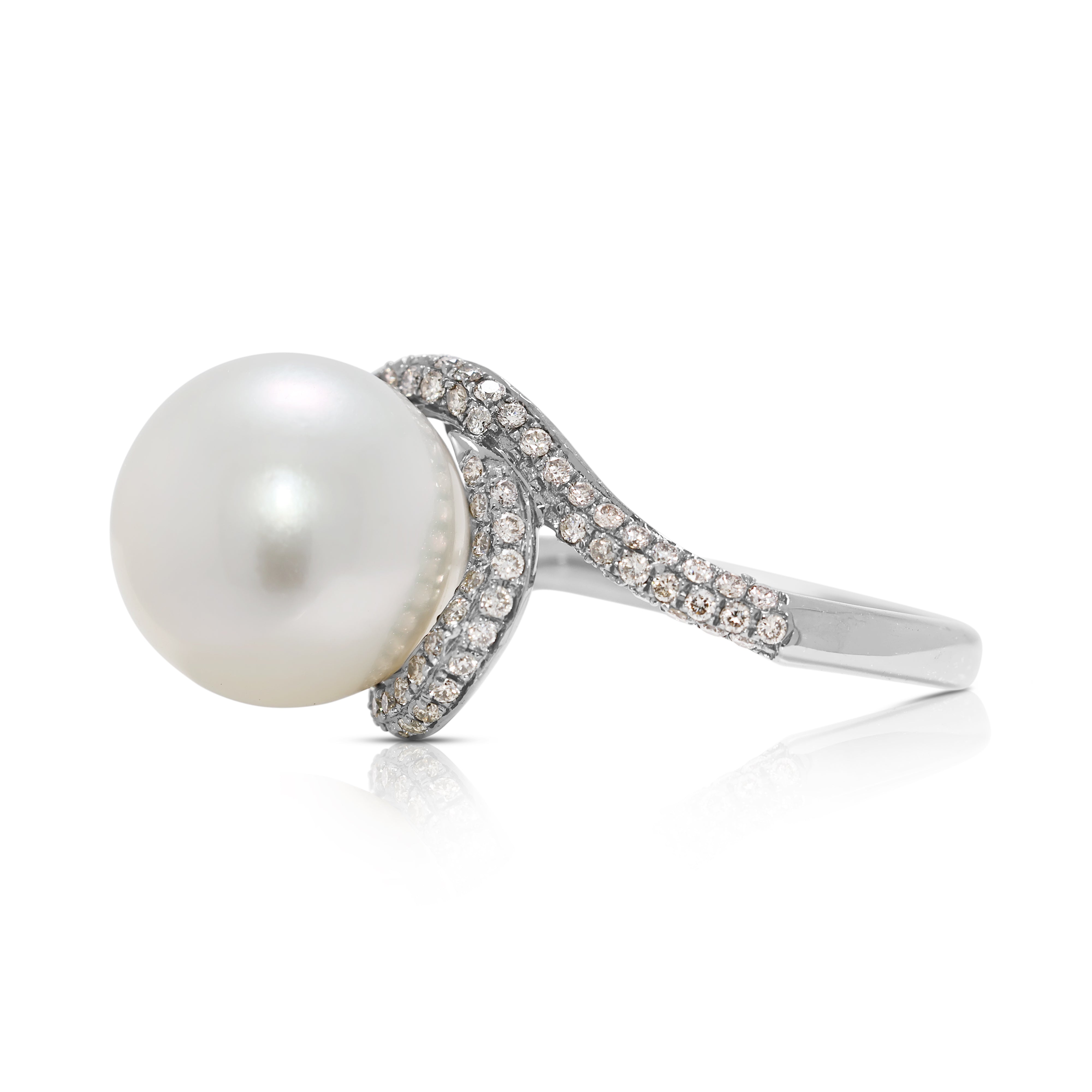 Elegant 0.50ct Natural Diamond & 12mm South Sea Pearl Swirl Ring in 18K White Gold