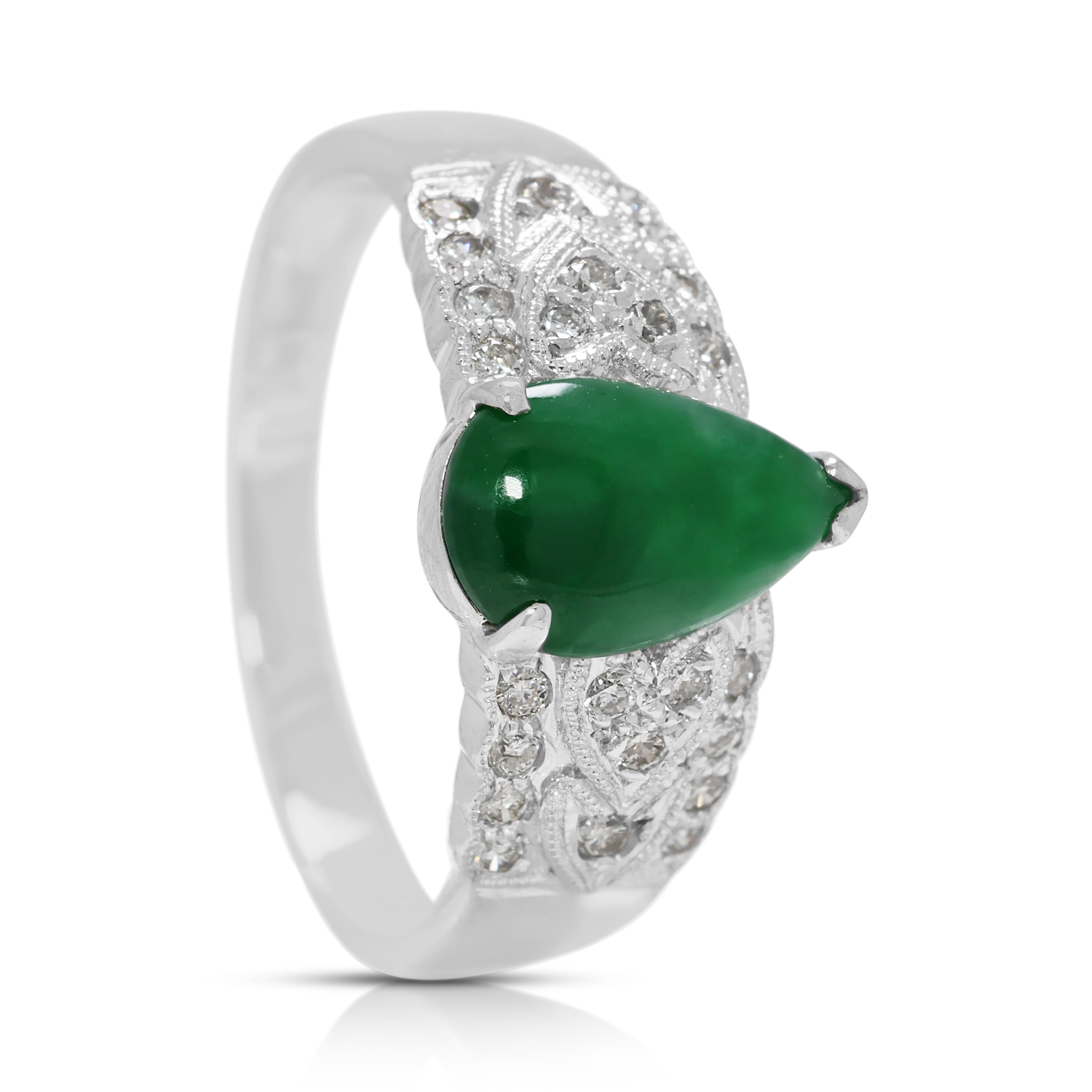 Refined 0.60ct Pear-Shape Jade and Natural Diamond Ring in 14K White Gold