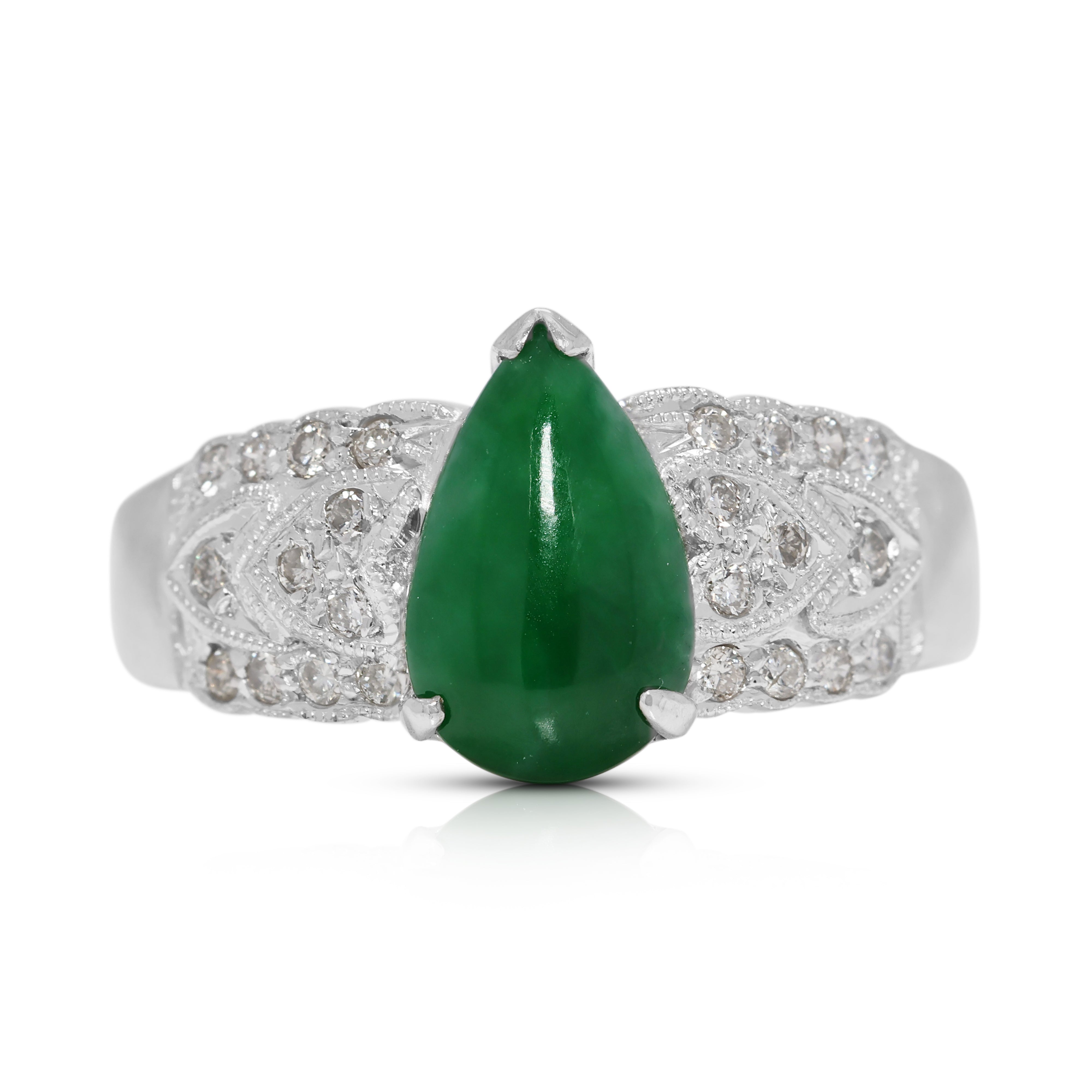 Refined 0.60ct Pear-Shape Jade and Natural Diamond Ring in 14K White Gold
