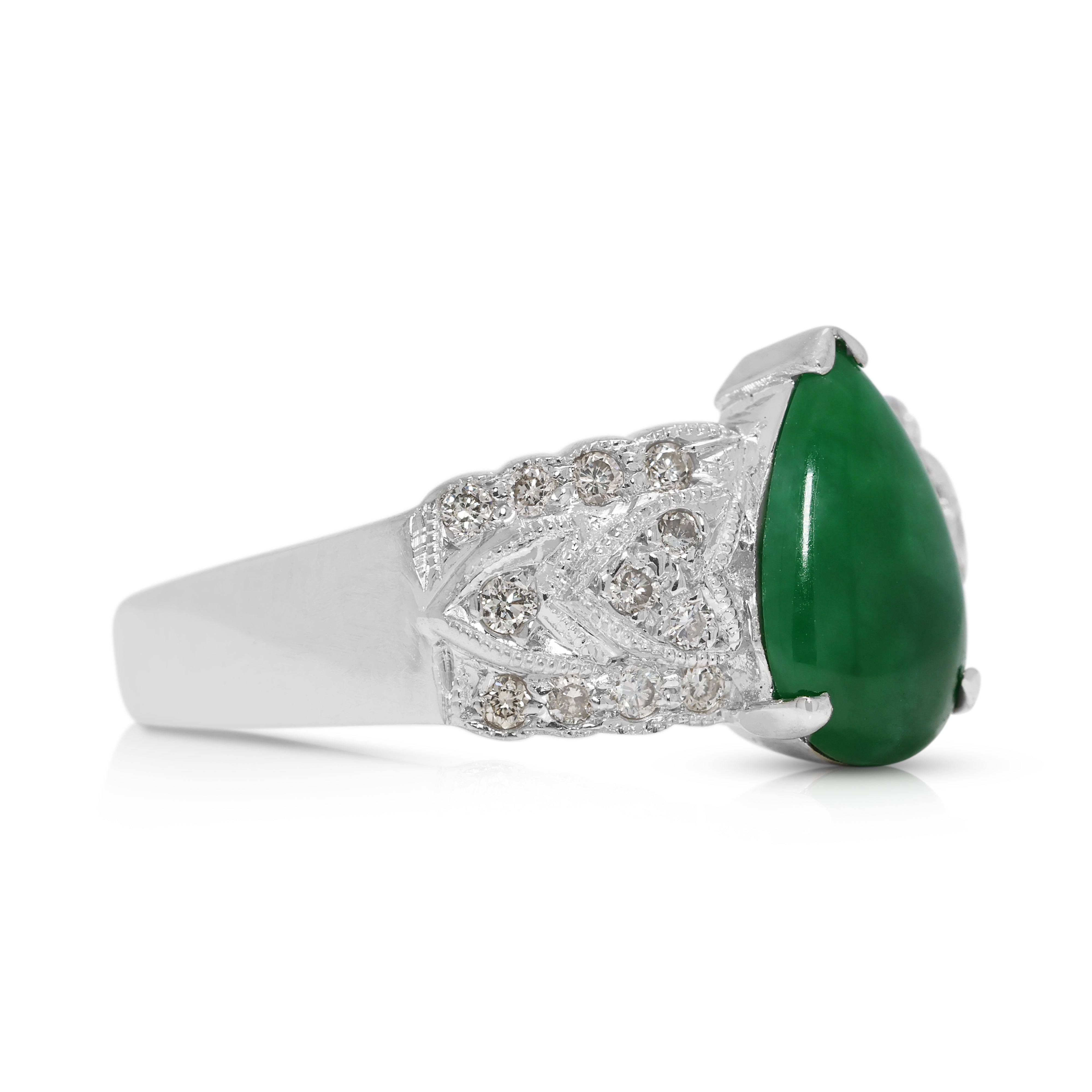 Refined 0.60ct Pear-Shape Jade and Natural Diamond Ring in 14K White Gold