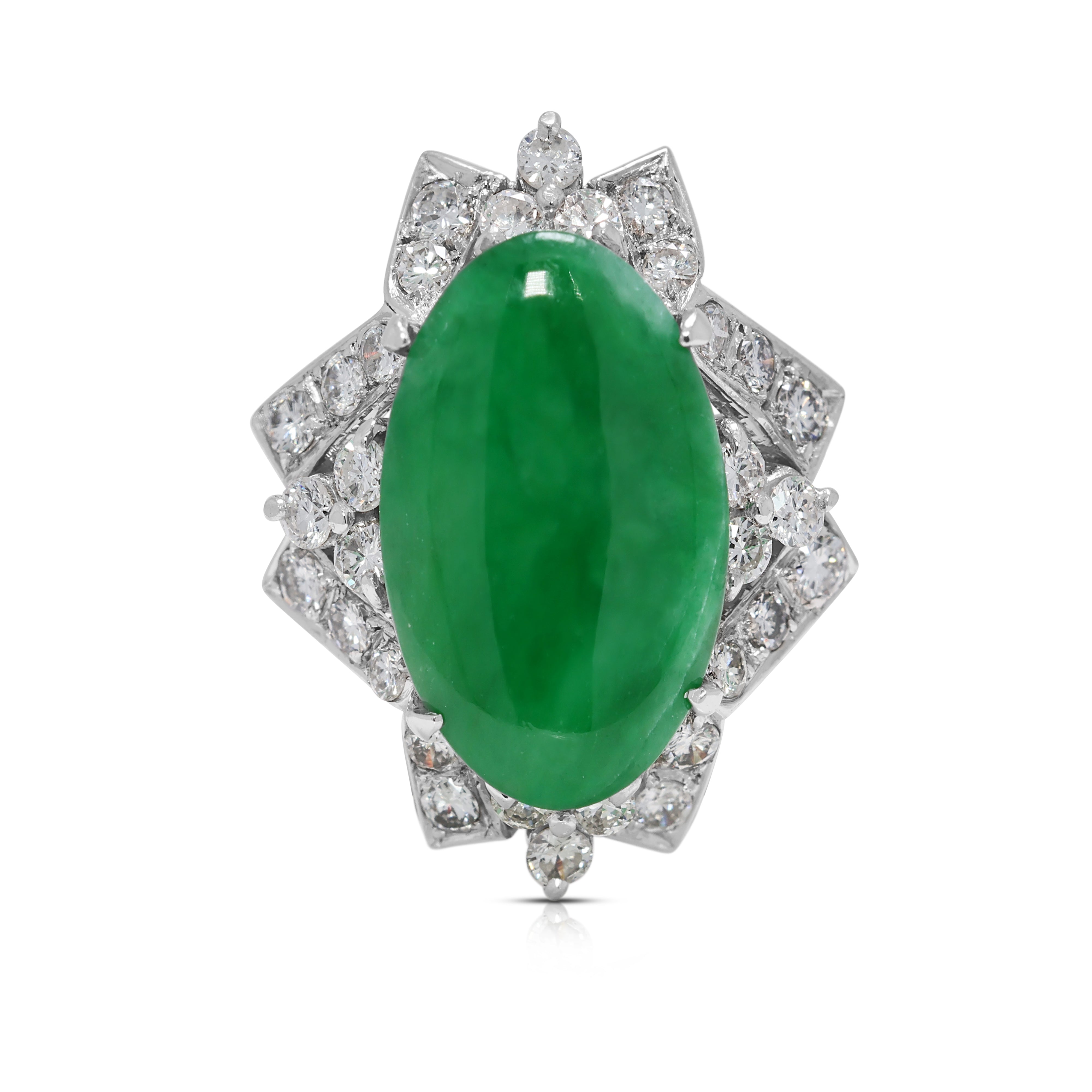 Graceful 1.64ct Jade & Natural Diamond Ring in 7K White Gold