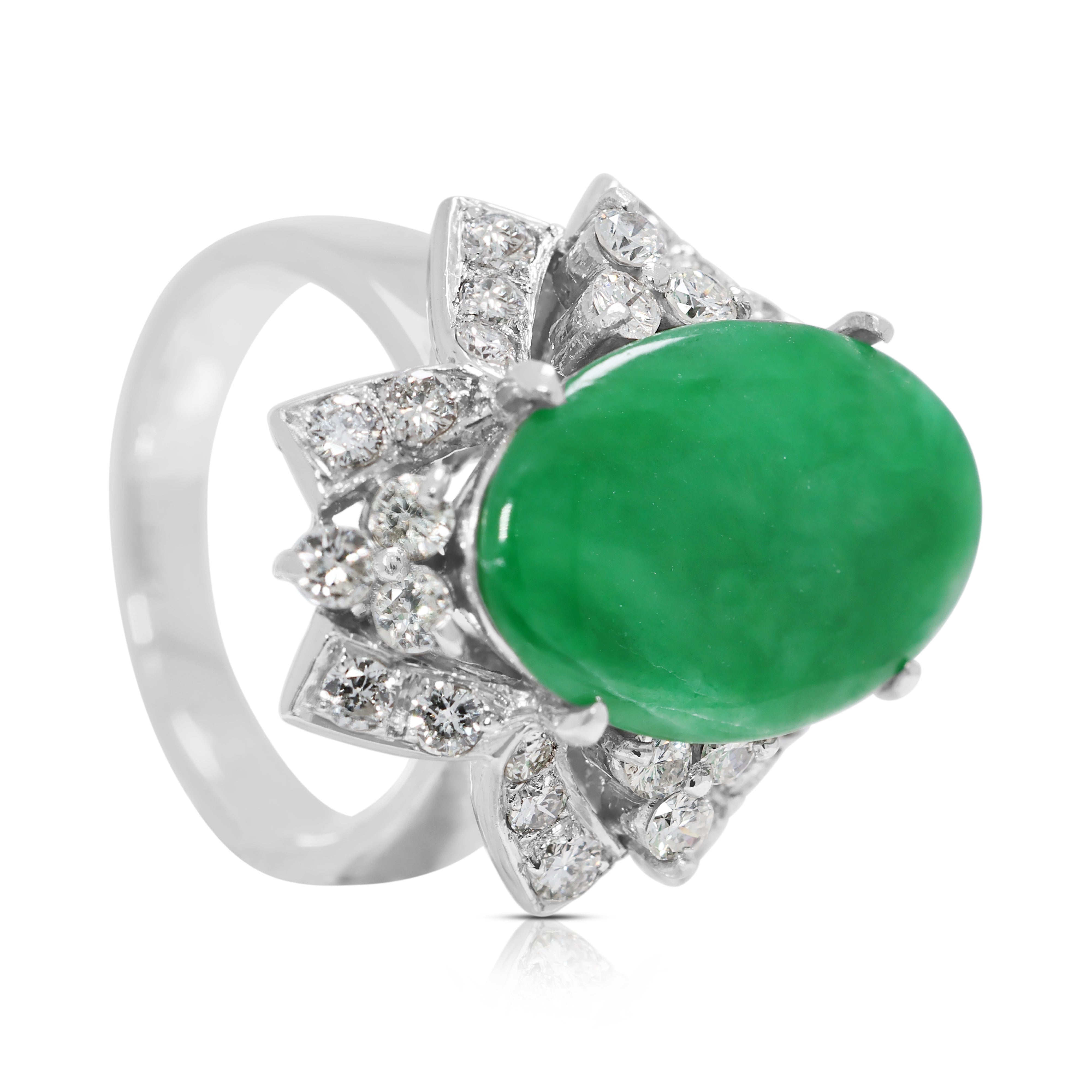 Graceful 1.64ct Jade & Natural Diamond Ring in 7K White Gold