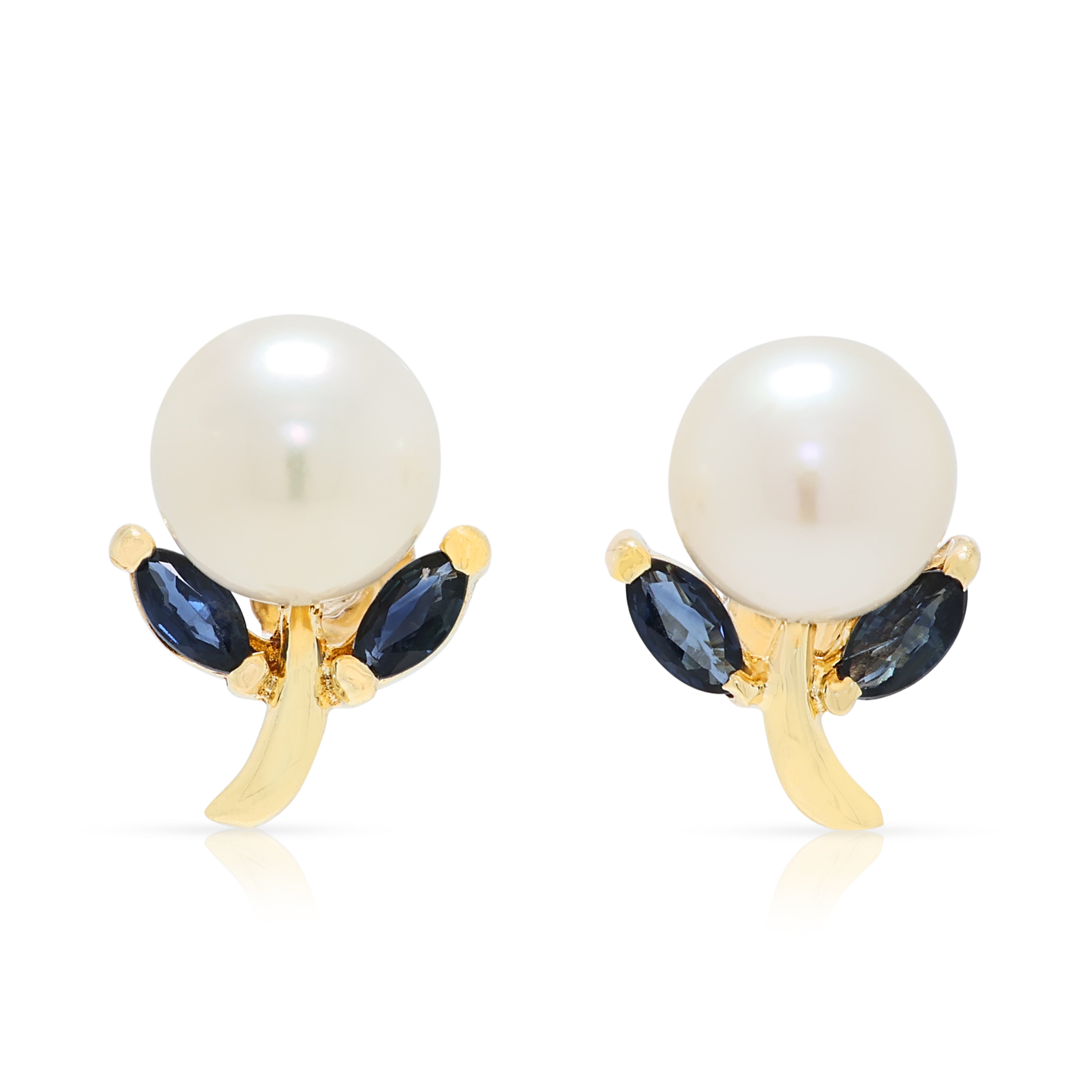 Charming Pearl and 0.12ct Sapphire Botanical Stud Earrings in 14K Yellow Gold