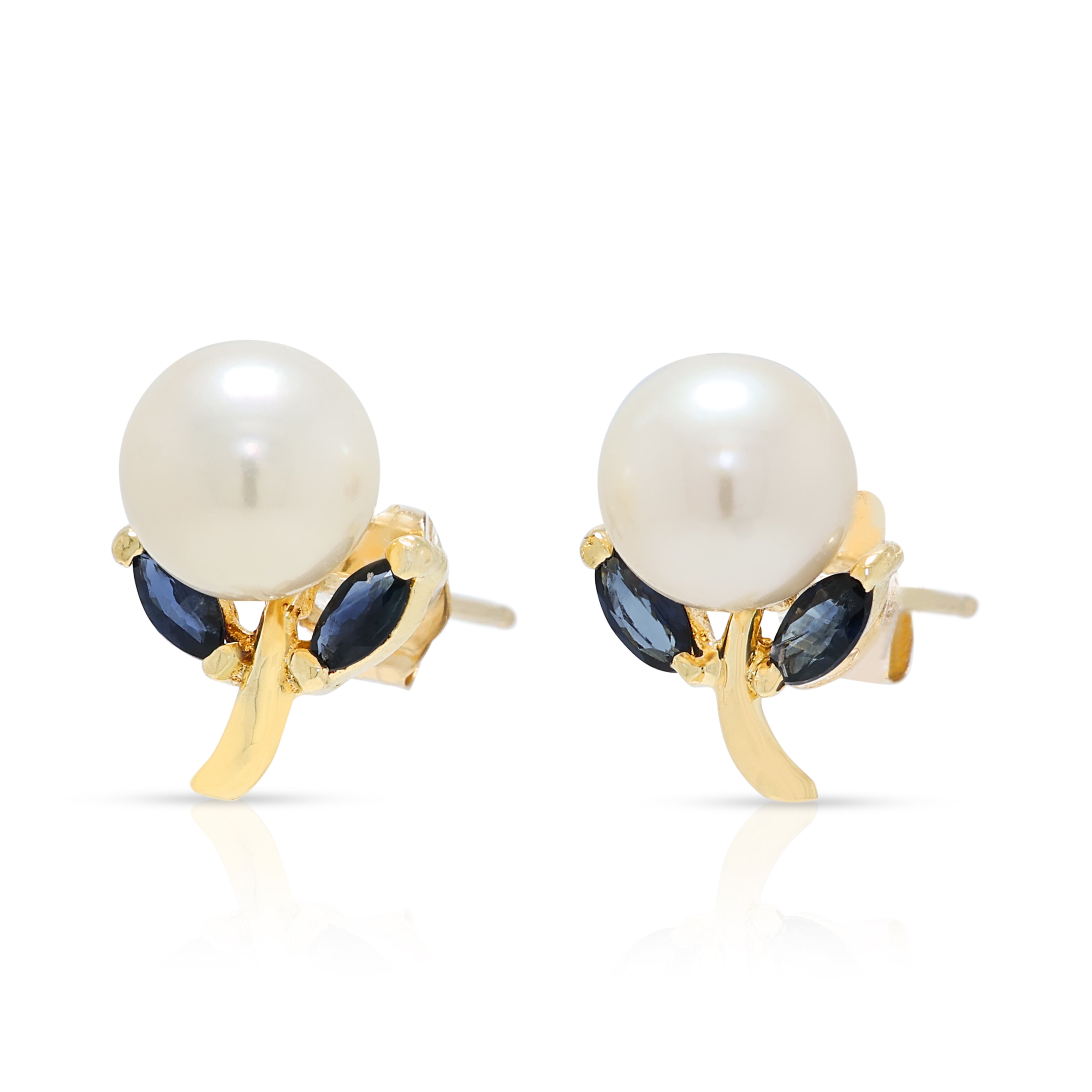Charming Pearl and 0.12ct Sapphire Botanical Stud Earrings in 14K Yellow Gold