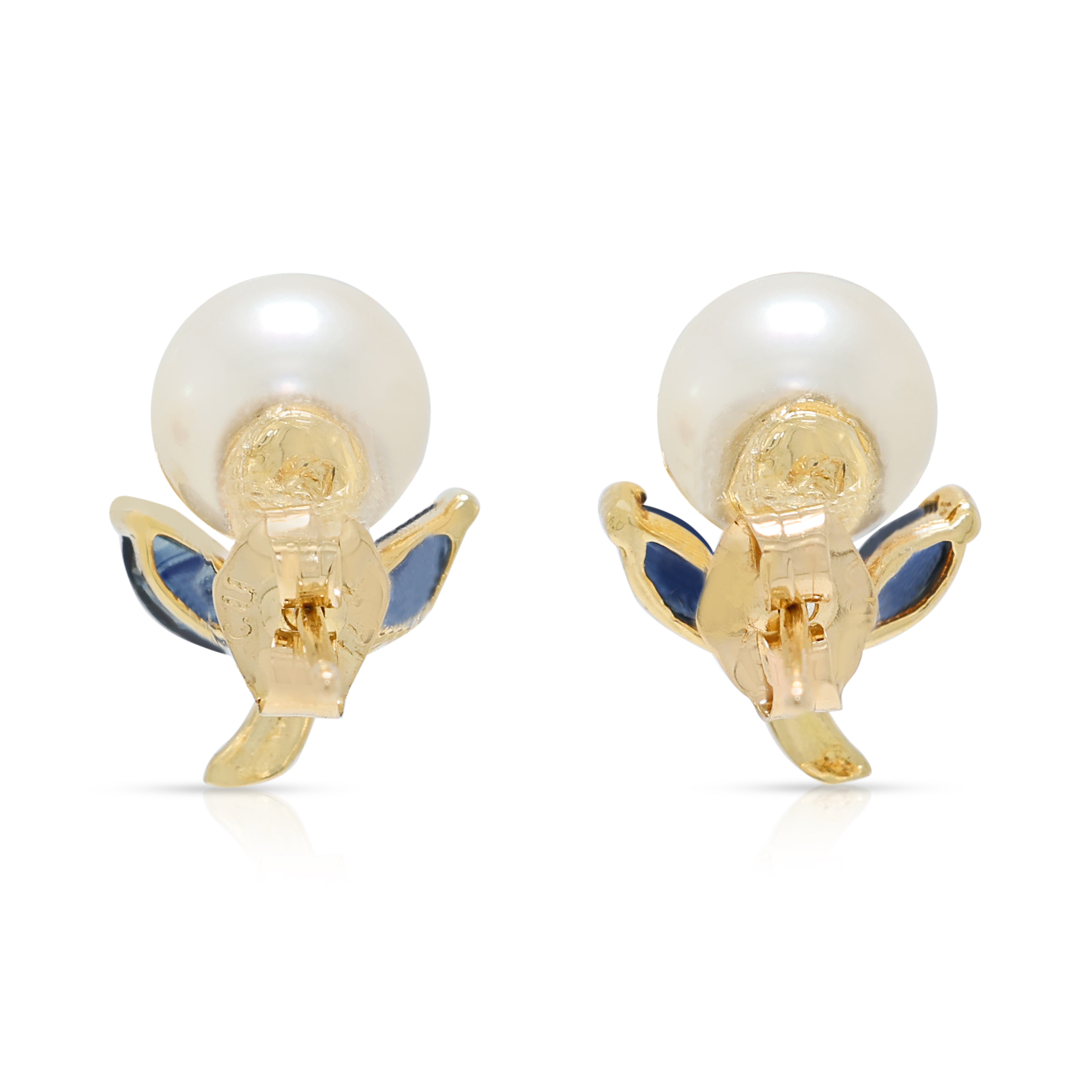 Charming Pearl and 0.12ct Sapphire Botanical Stud Earrings in 14K Yellow Gold