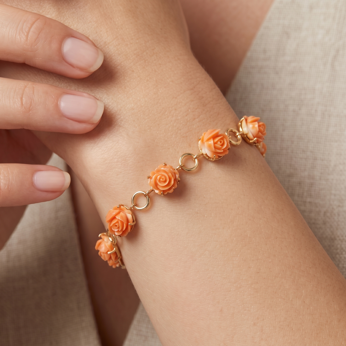 Exquisite Carved Orange-Red Coral Blooming Rose Link Bracelet in 14K Rose Gold