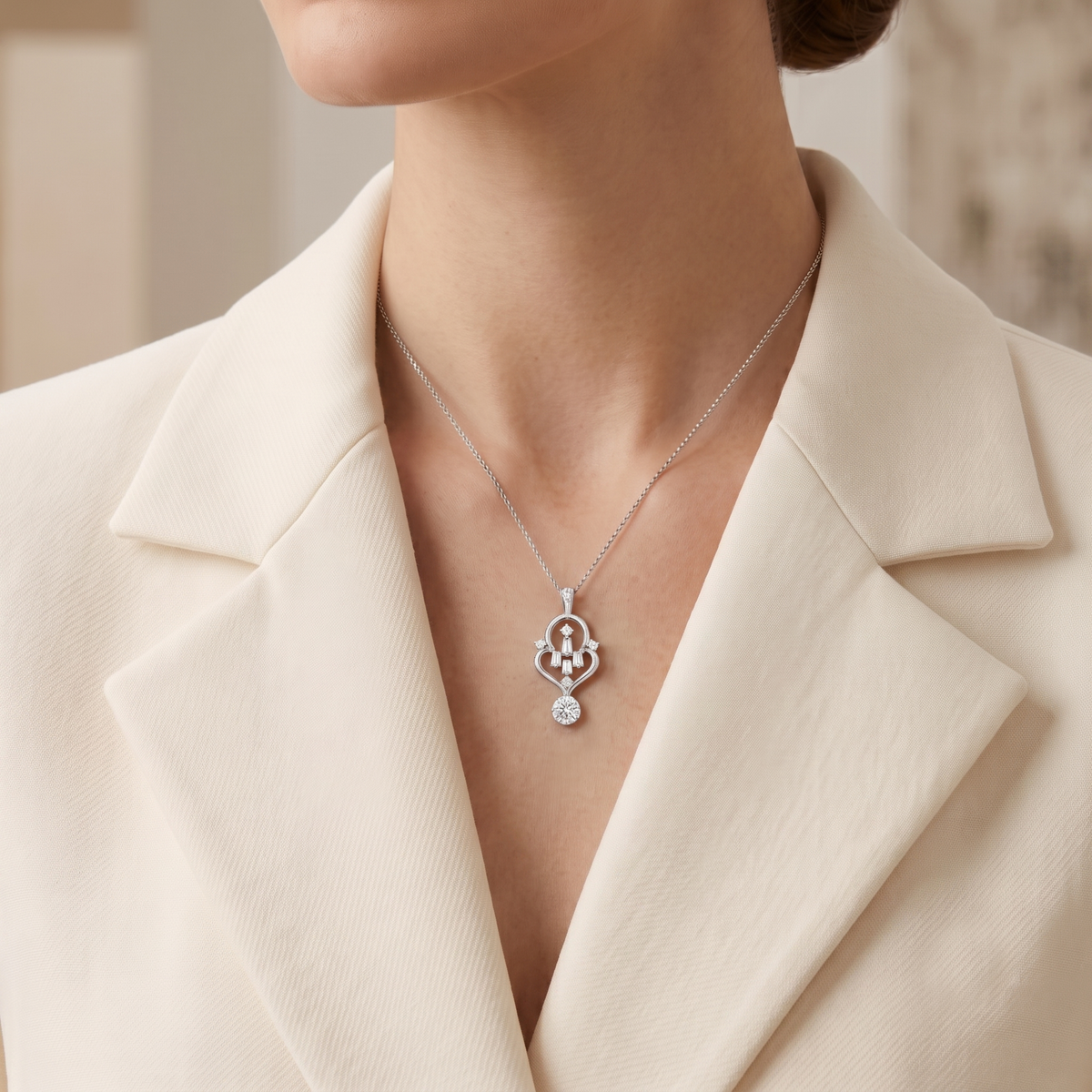 Elegant 0.46ct Natural Diamond Open-Work Scroll Chandelier Drop Pendant in 14K White Gold
