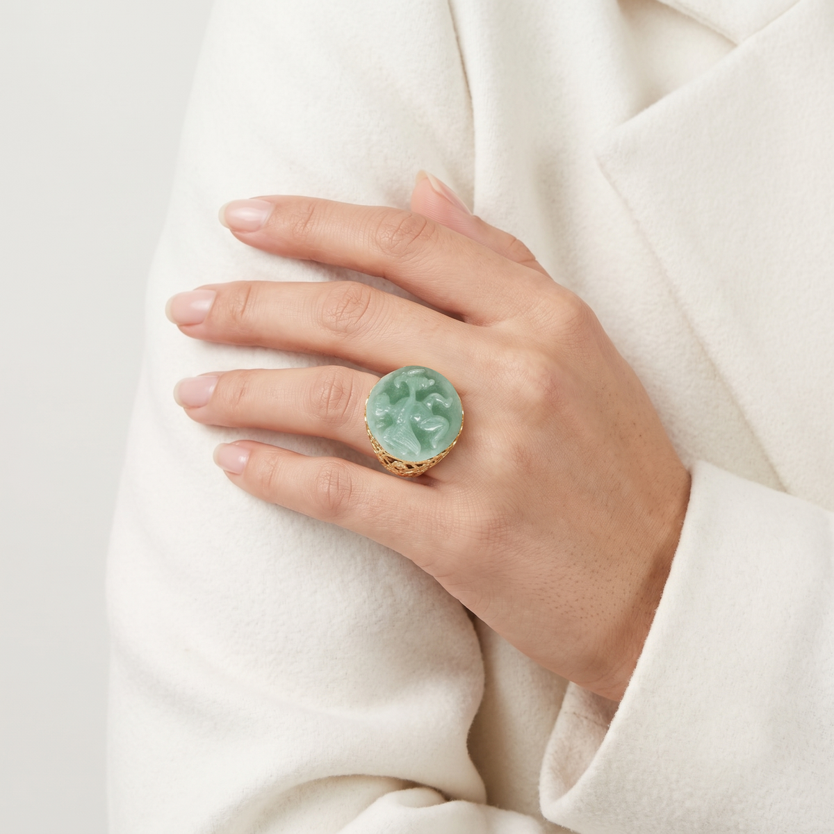 Exquisite Carved Green Jade Cherub Filigree Cocktail Ring in 14K Yellow Gold