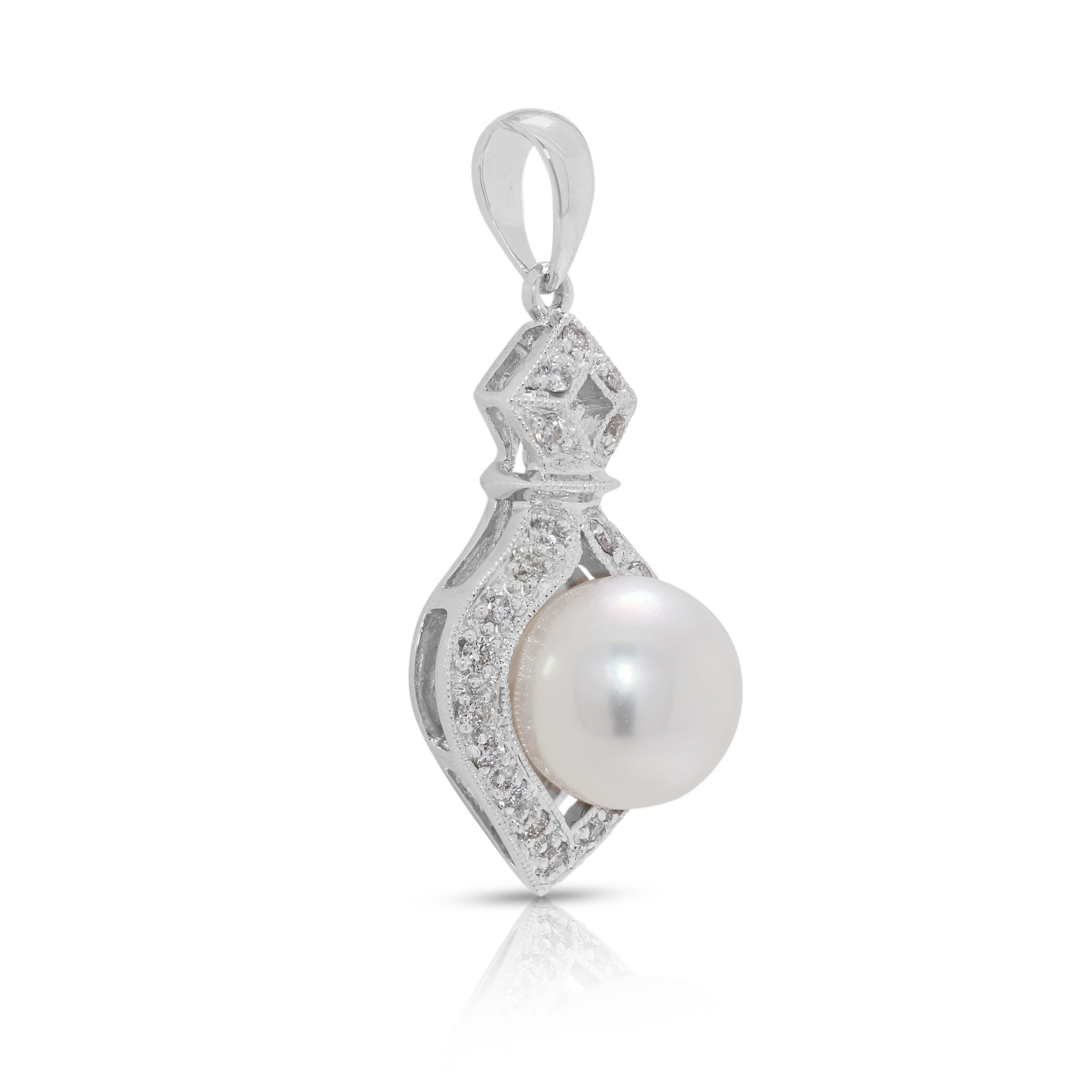 Ornate 8mm Akoya Pearl & 0.17ct Natural Diamond Pendant in 18K White Gold (New)