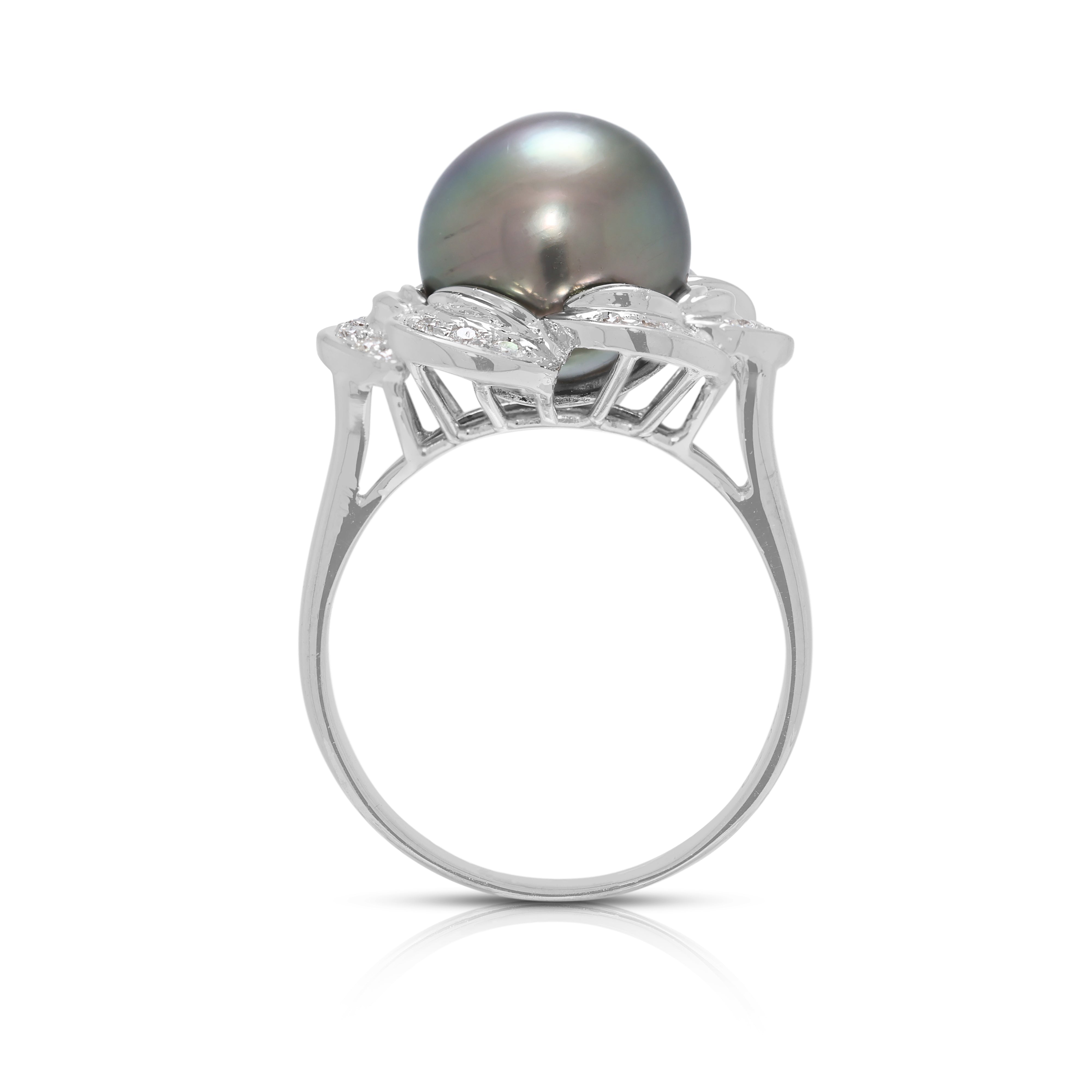 Floral-Inspired Tahitian Pearl & 0.43ct Natural Diamond Ring in 18K White Gold (New)