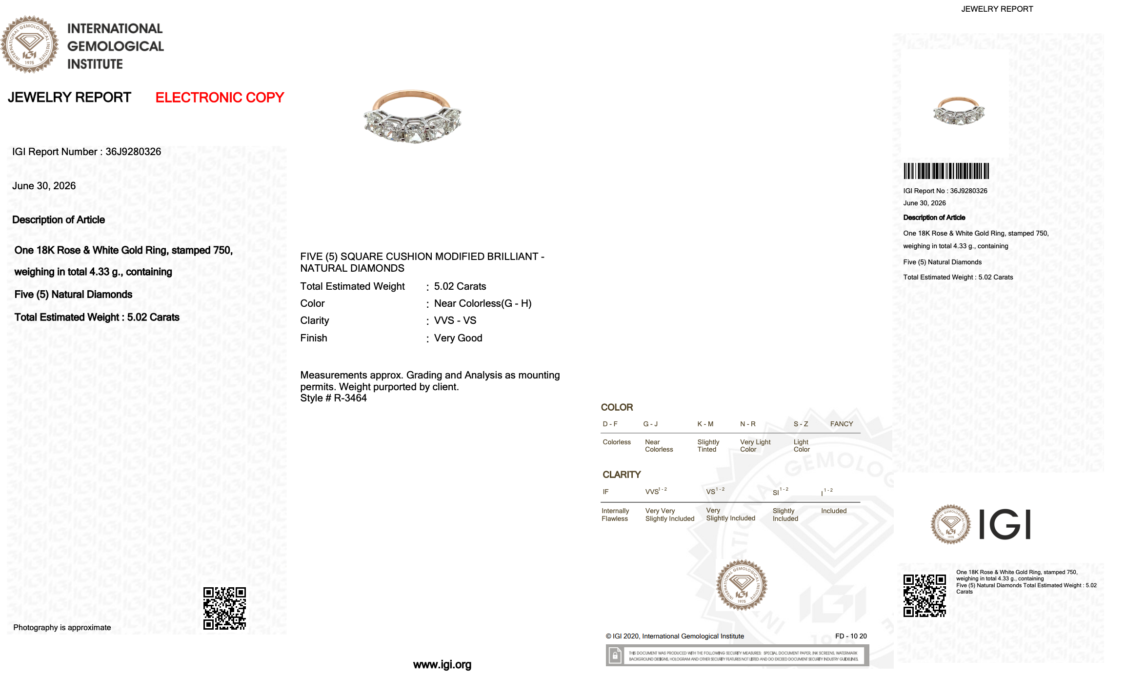 5.02 Carats IGI Certified Natural Diamonds 18k Rose And White Gold 5-Stone Ring