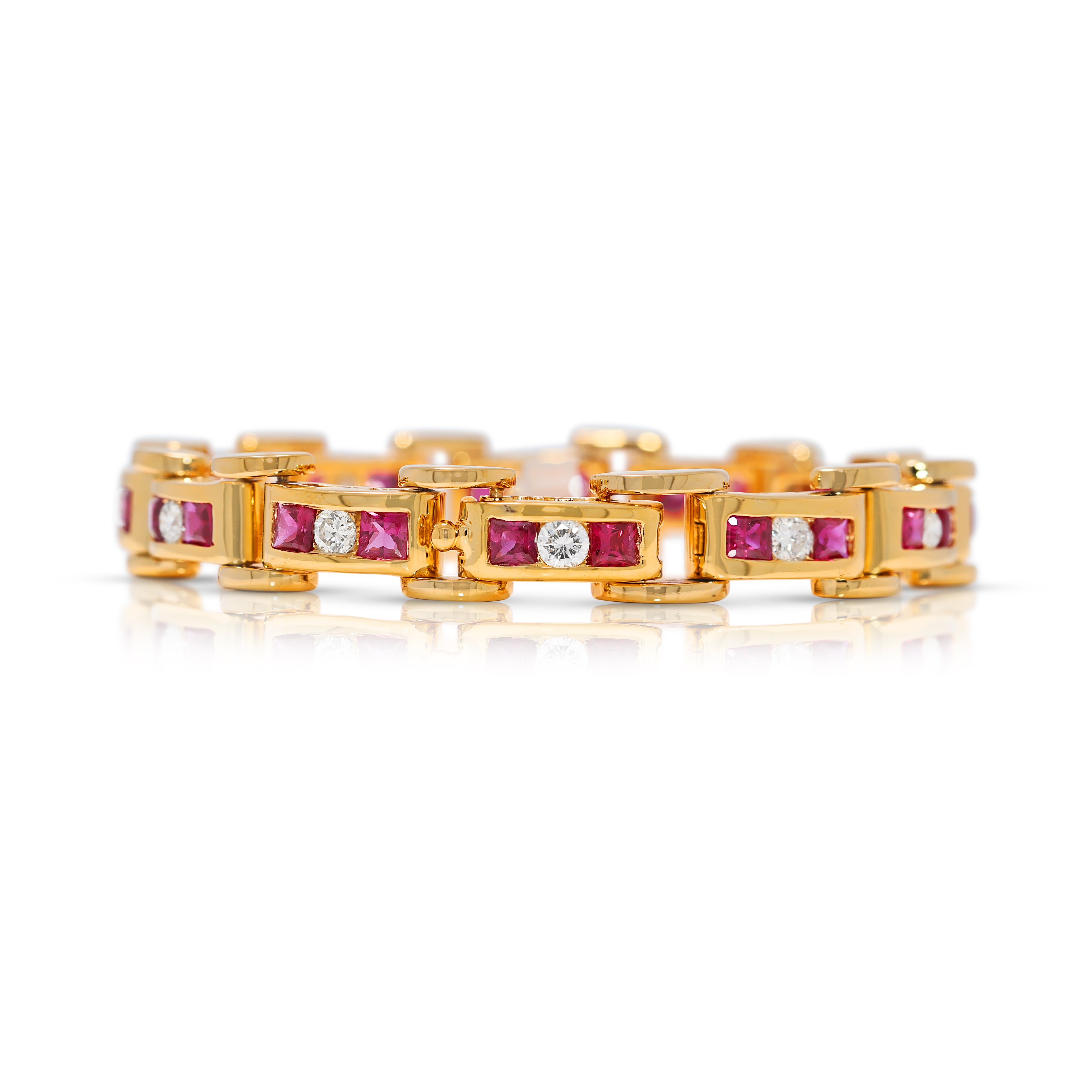Luxurious 3.6ct Ruby & Natural Diamond Link Bracelet in 14K Yellow Gold