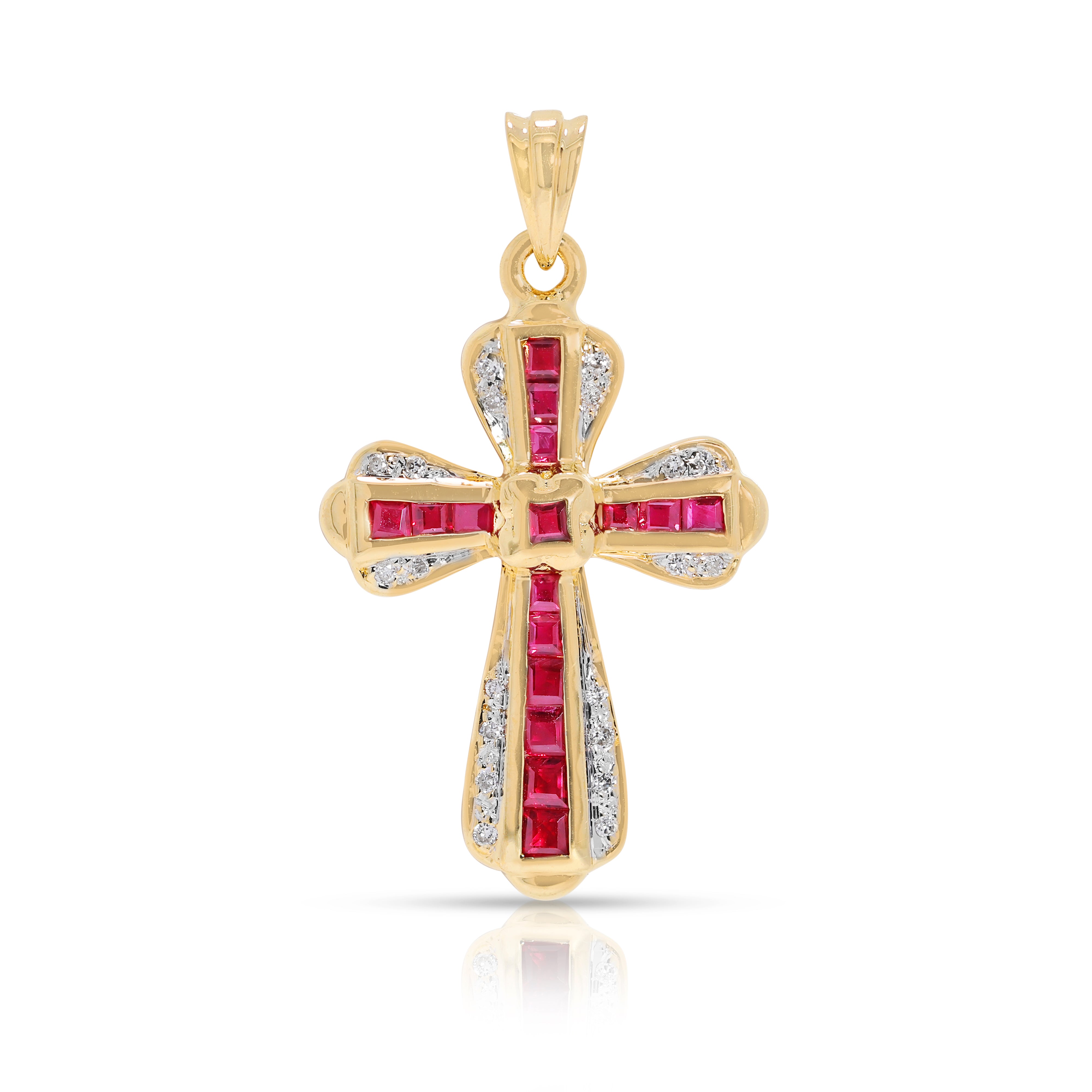Striking 0.77ct Ruby & Natural Diamond Cross Pendant in 18K Yellow Gold