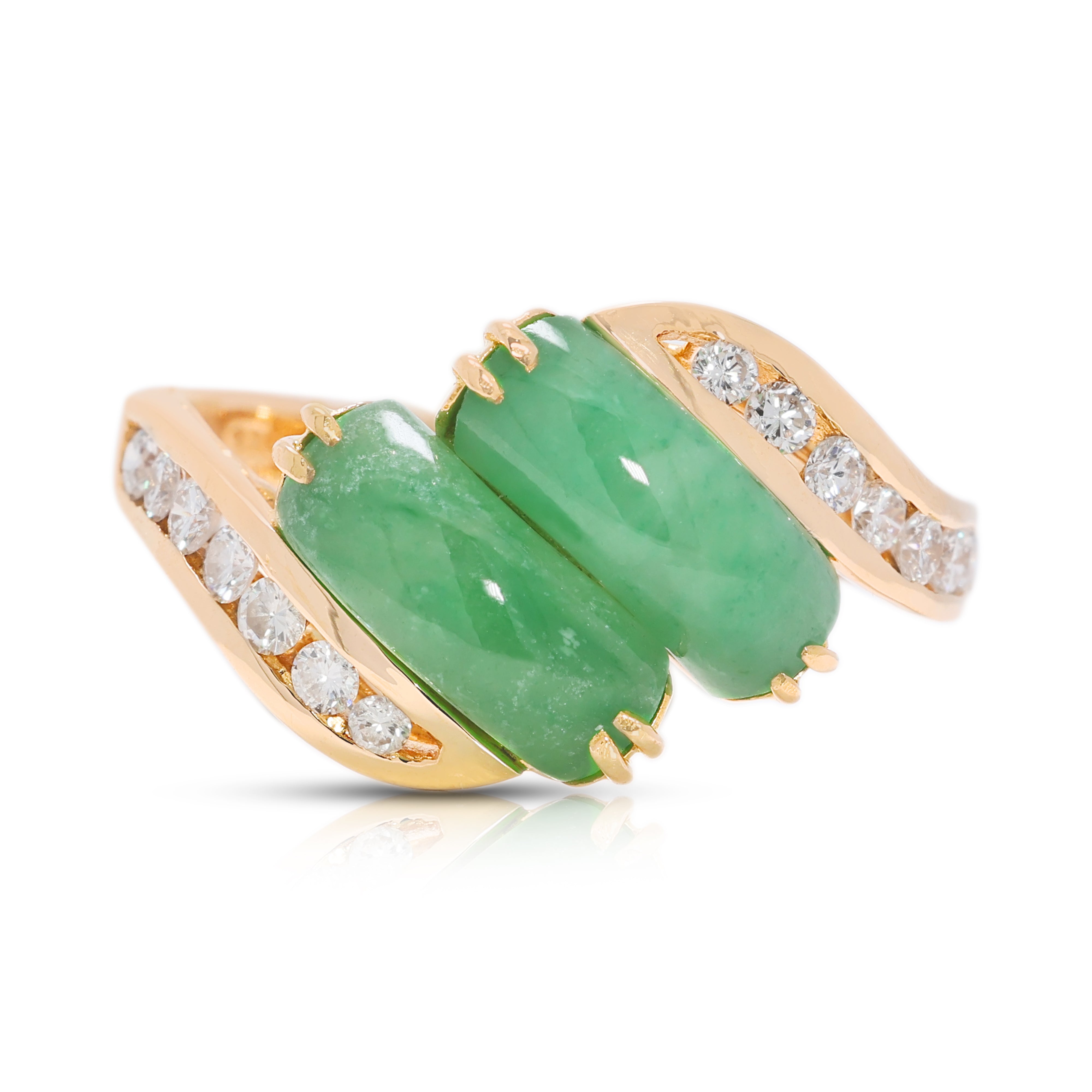 Distinctive 0.35ct Natural Diamond & Jade Twin-Stone Ring in 20K Yellow Gold