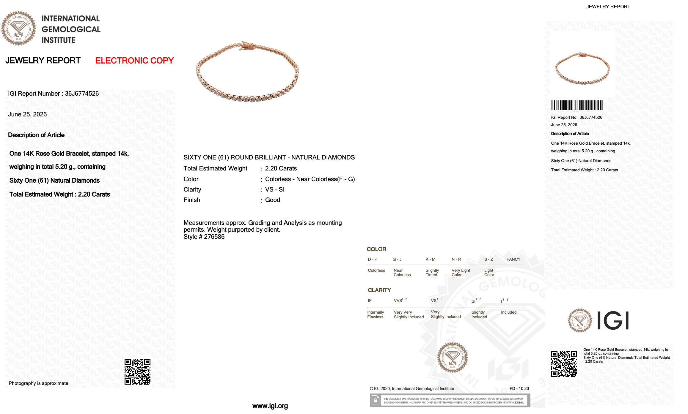 2.20 Carats IGI Certified Natural Diamonds 14k Rose Gold Tennis Bracelet