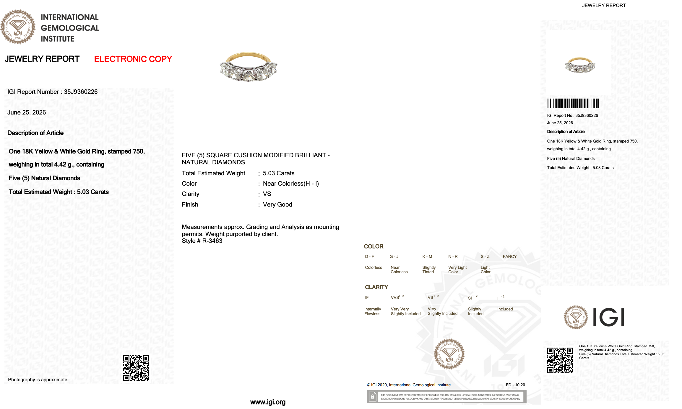 5.03 Carats IGI Certified Natural Diamonds 18k Yellow And White Gold 5-Stone Ring