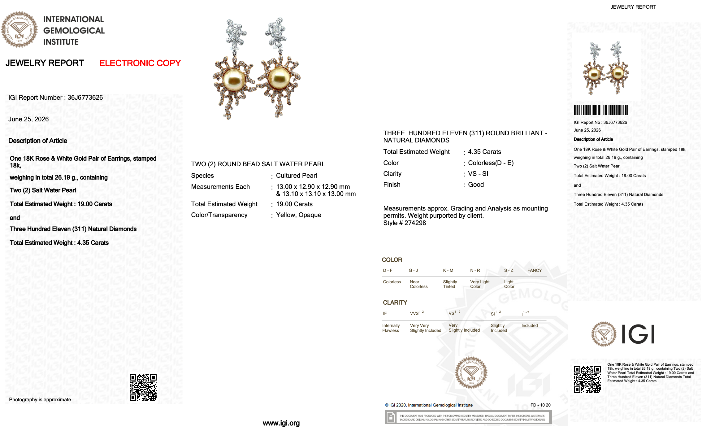 23.35 Carats IGI Certified Cultured Pearls & Diamonds 18k Rose And White Gold Drop Earrings