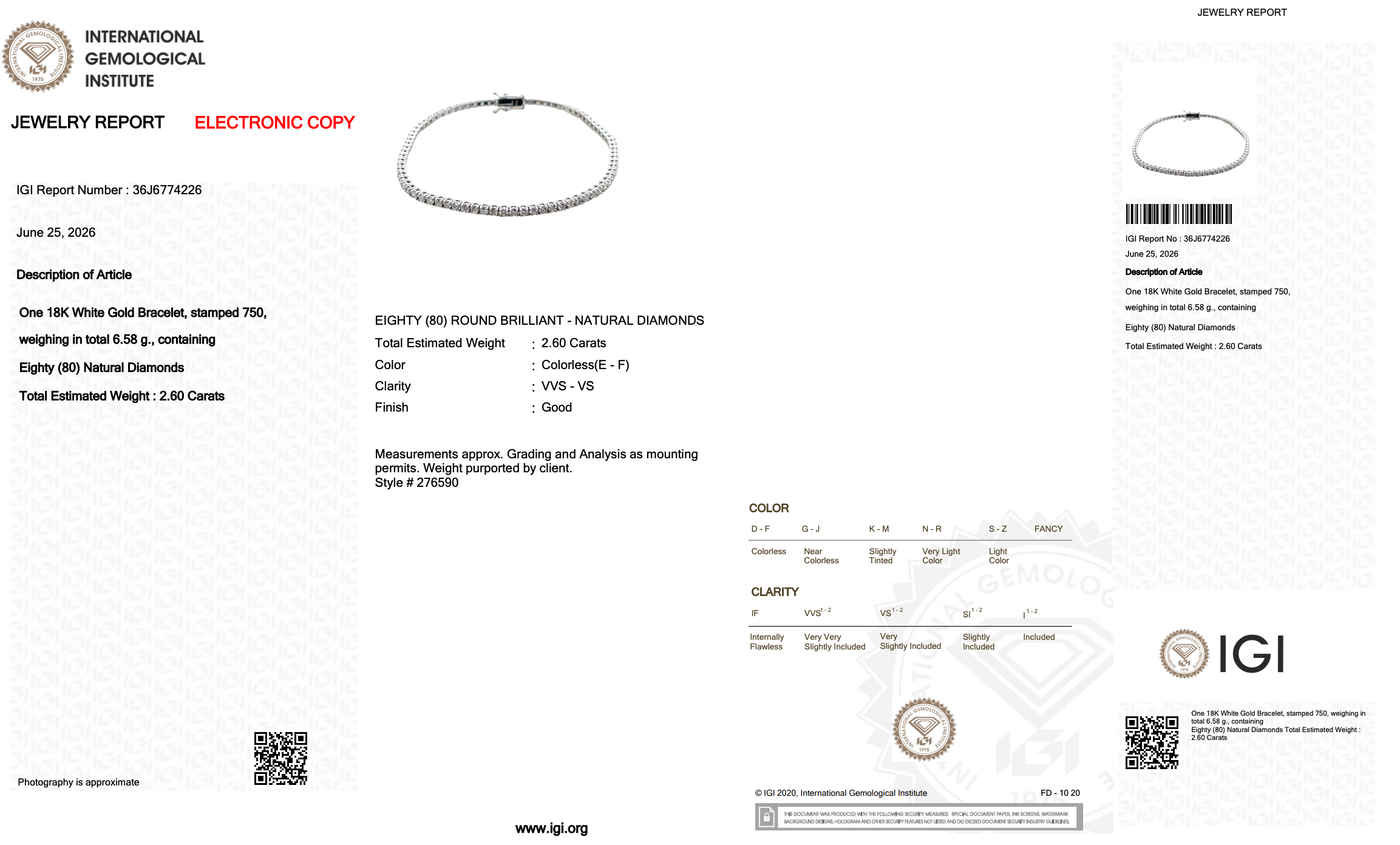 2.60 Carats IGI Certified Natural Diamonds 18k White Gold Tennis Bracelet