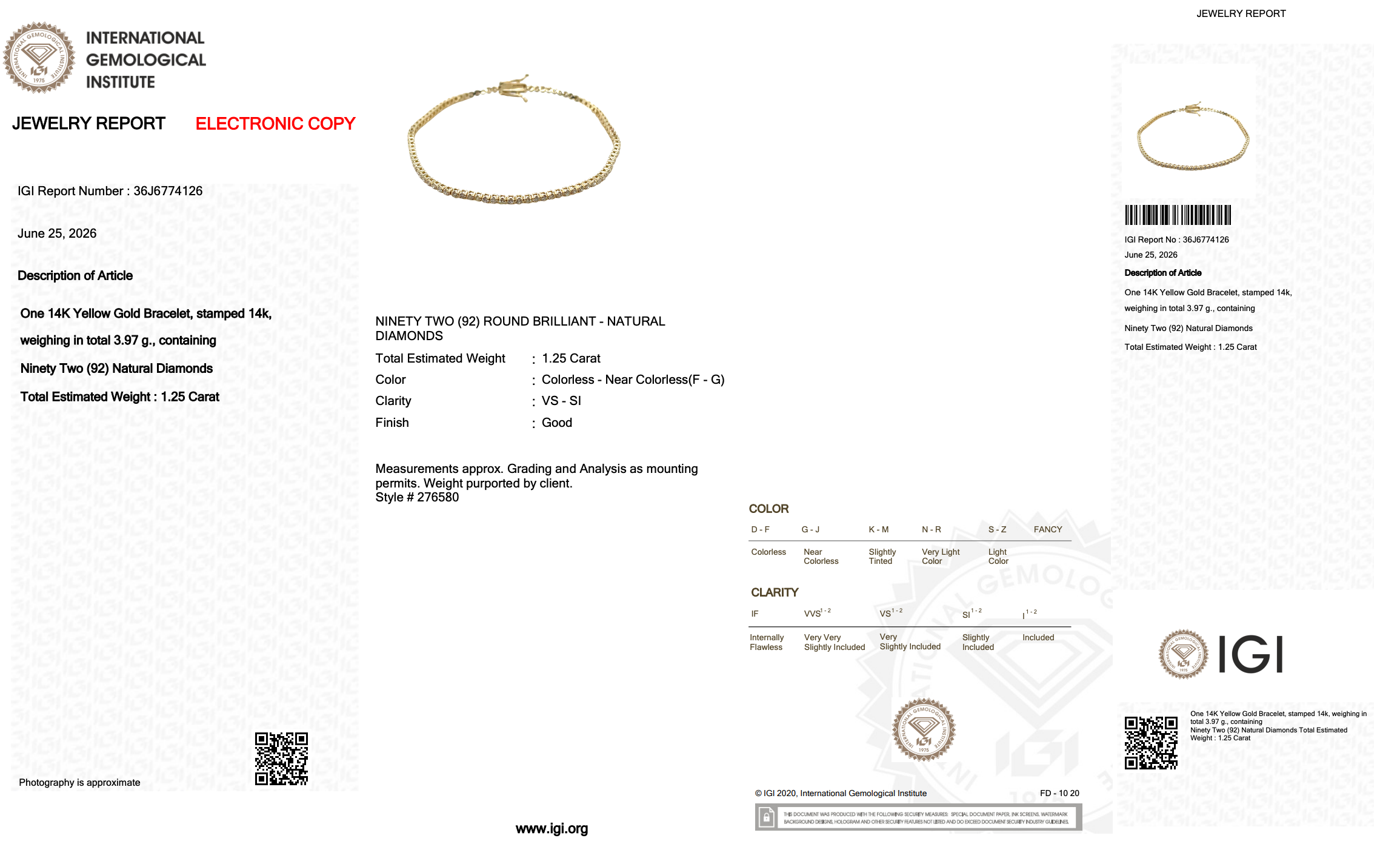 1.25 Carats IGI Certified Natural Diamonds 14k Yellow Gold Tennis Bracelet