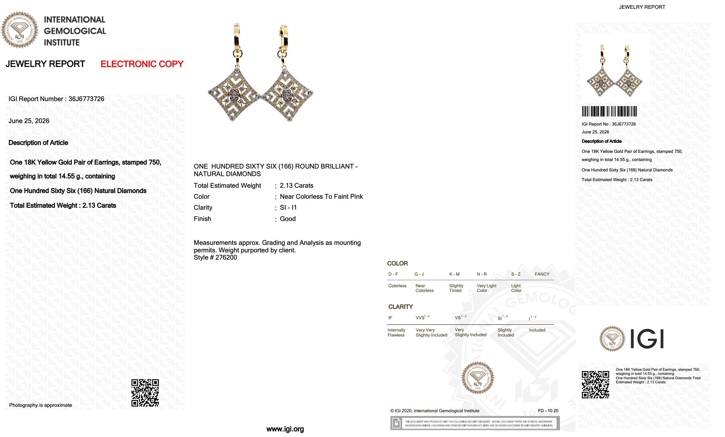 2.13 Carats IGI Certified Natural Diamonds 18k Yellow Gold Drop Earrings