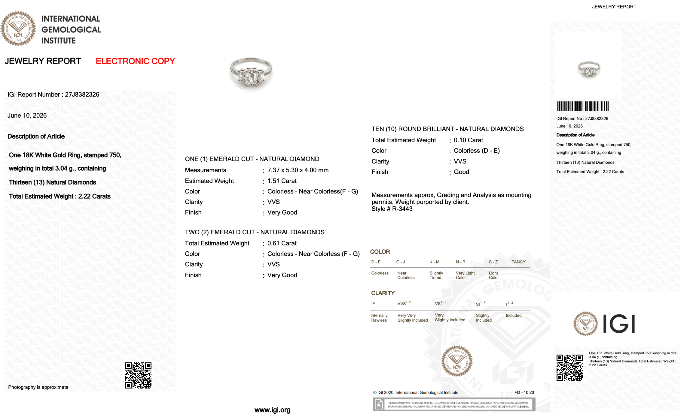 2.22 Carats IGI Certified Natural Diamond 18K White Gold 3-Stone Ring