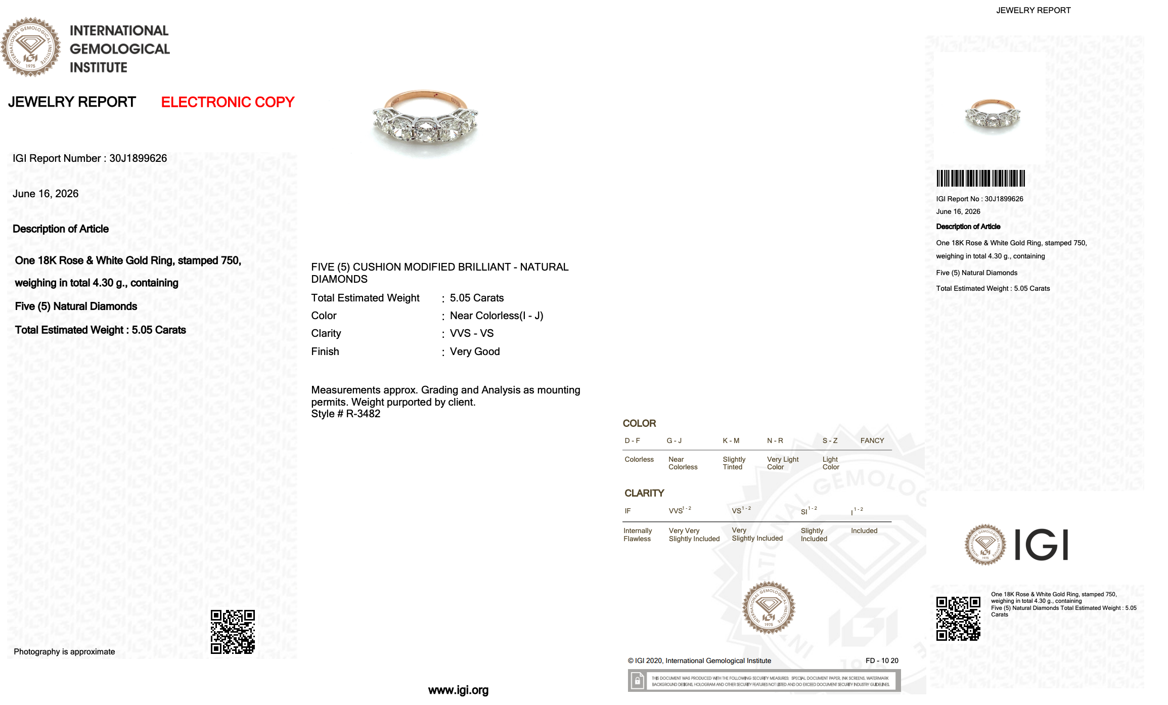 5.05 Carats IGI Certified Natural Diamonds 18k Rose & White Gold 5-Stone Ring