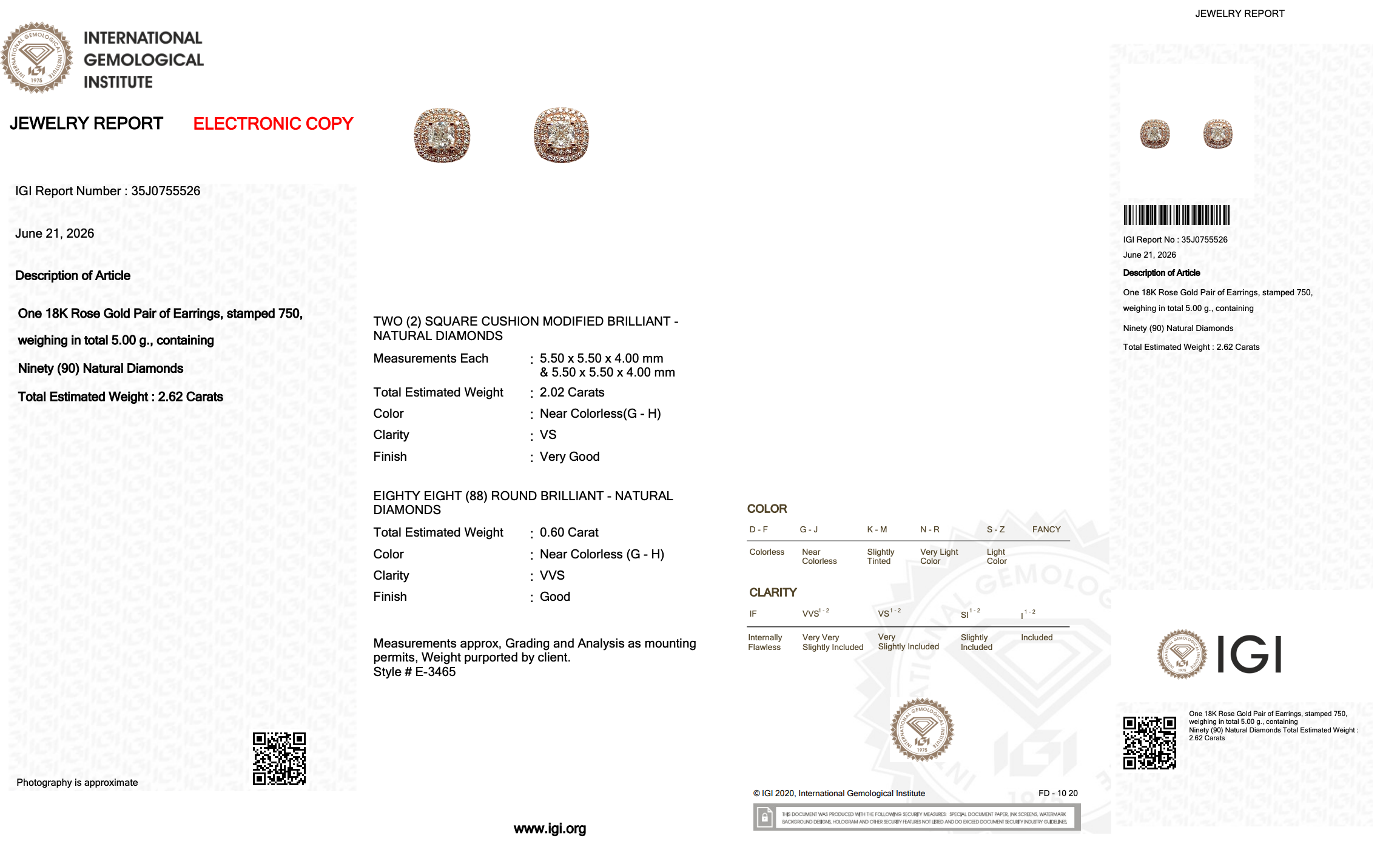 2.62 Carats IGI Certified Natural Diamonds 18k Rose Gold Stud Earrings