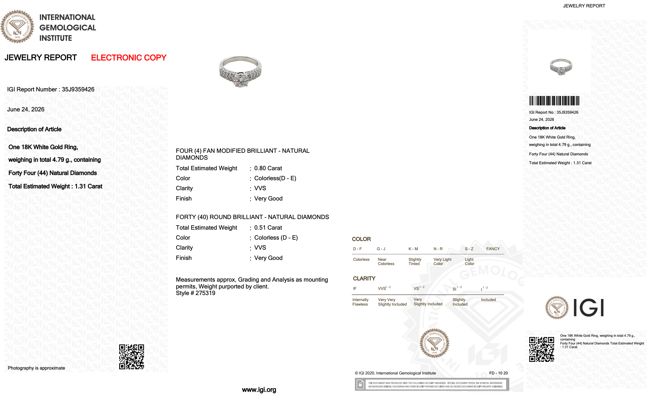 1.31 Carats IGI Certified Natural Diamonds 18k White Gold Ring
