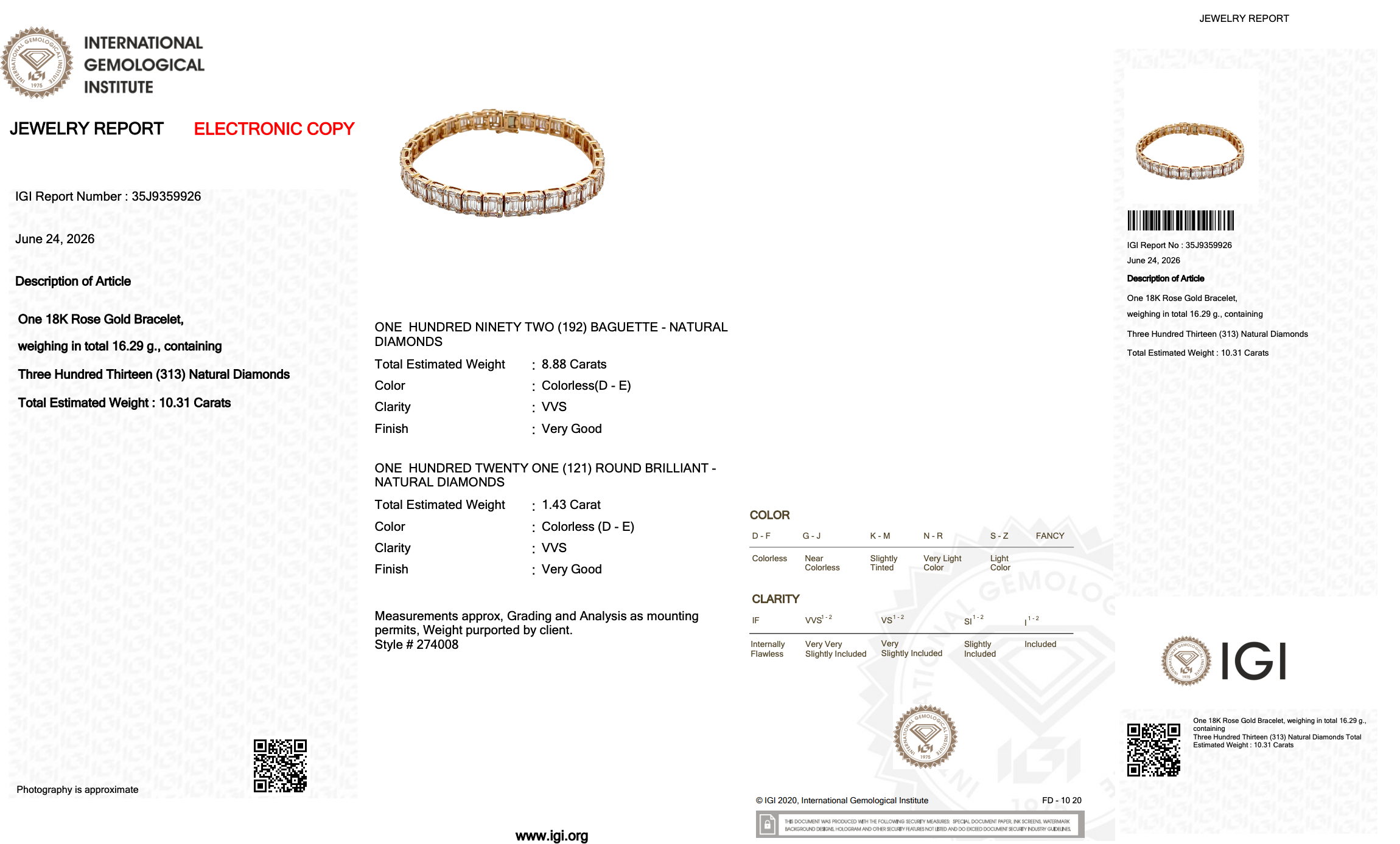10.31 Carats IGI Certified Natural Diamonds 18k Rose Gold Bracelet