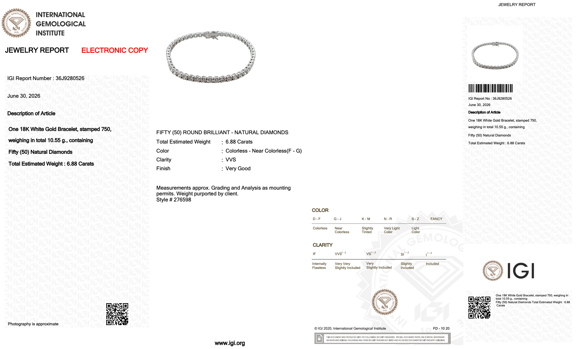 6.88 Carats IGI Certified Natural Diamonds 18k White Gold Tennis Bracelet