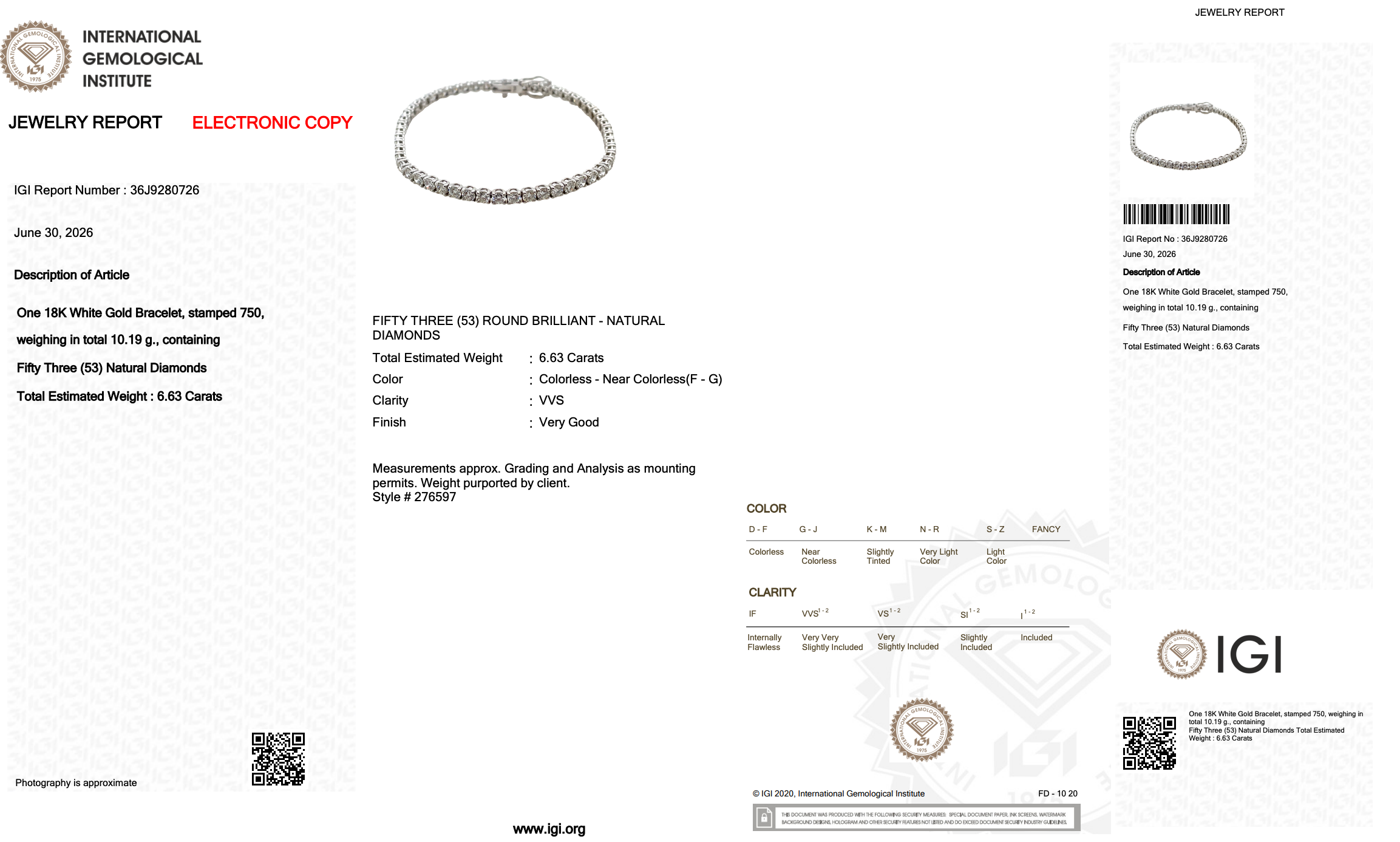 6.63 Carats IGI Certified Natural Diamonds 18k White Gold Tennis Bracelet
