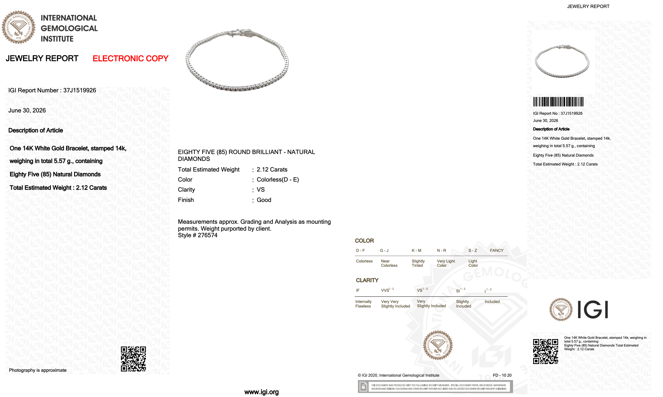 2.12 Carats IGI Certified Natural Diamonds 14k White Gold Tennis Bracelet